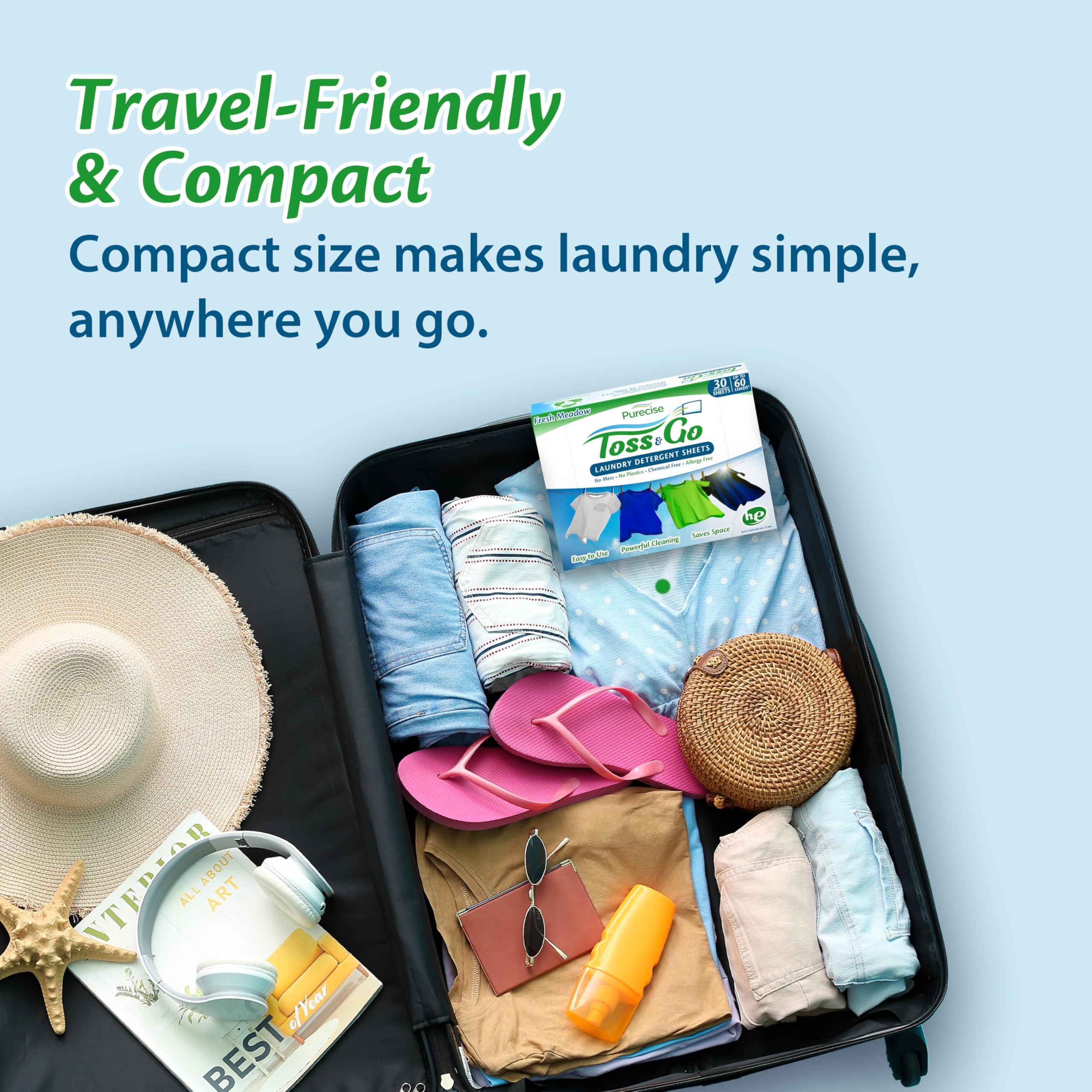 Purecise Purecise Travel Laundry Detergent Sheets, Lightweight & No Mess, Fresh Meadow Scent, 30 Loads Total (10 Loads Per Pack, Pack of 3), Travel Size Toiletries for Cruise & Airplane Travel Essentials