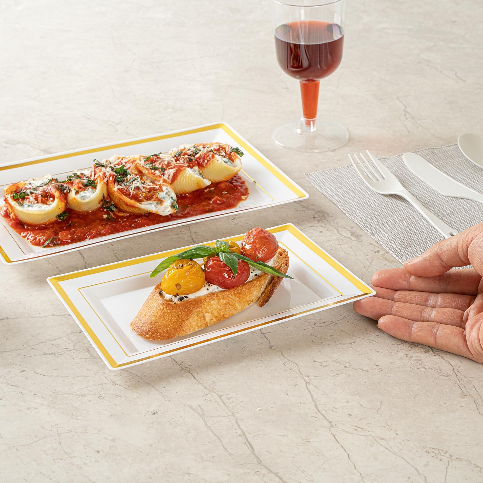 Restaurantware Restaurantware Moderna 7.5 x 5.3 Inch Premium Disposable Plates 10 Rectangular Plastic Plates For Parties - Gold-Rimmed Durable White Plastic Dinner Plates For Warm And Cold Foods