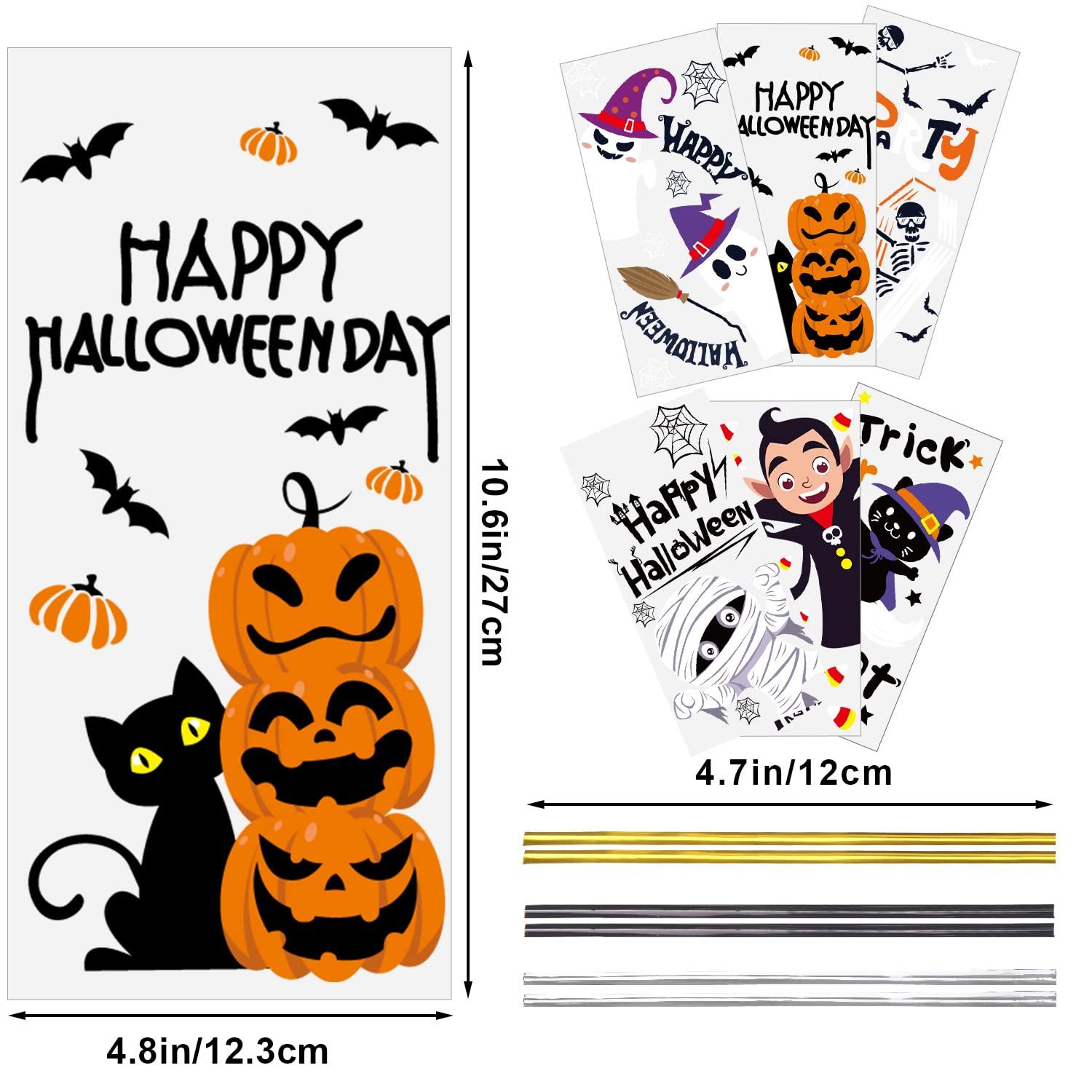 SULOLI SULOLI Halloween Cellophane Treat Bags, 120pcs Plastic Clear Candy Bags Pumpkin Ghost and Halloween Goody Bags with 150 Twist Ties for Kids Halloween Trick or Treat Party Favors
