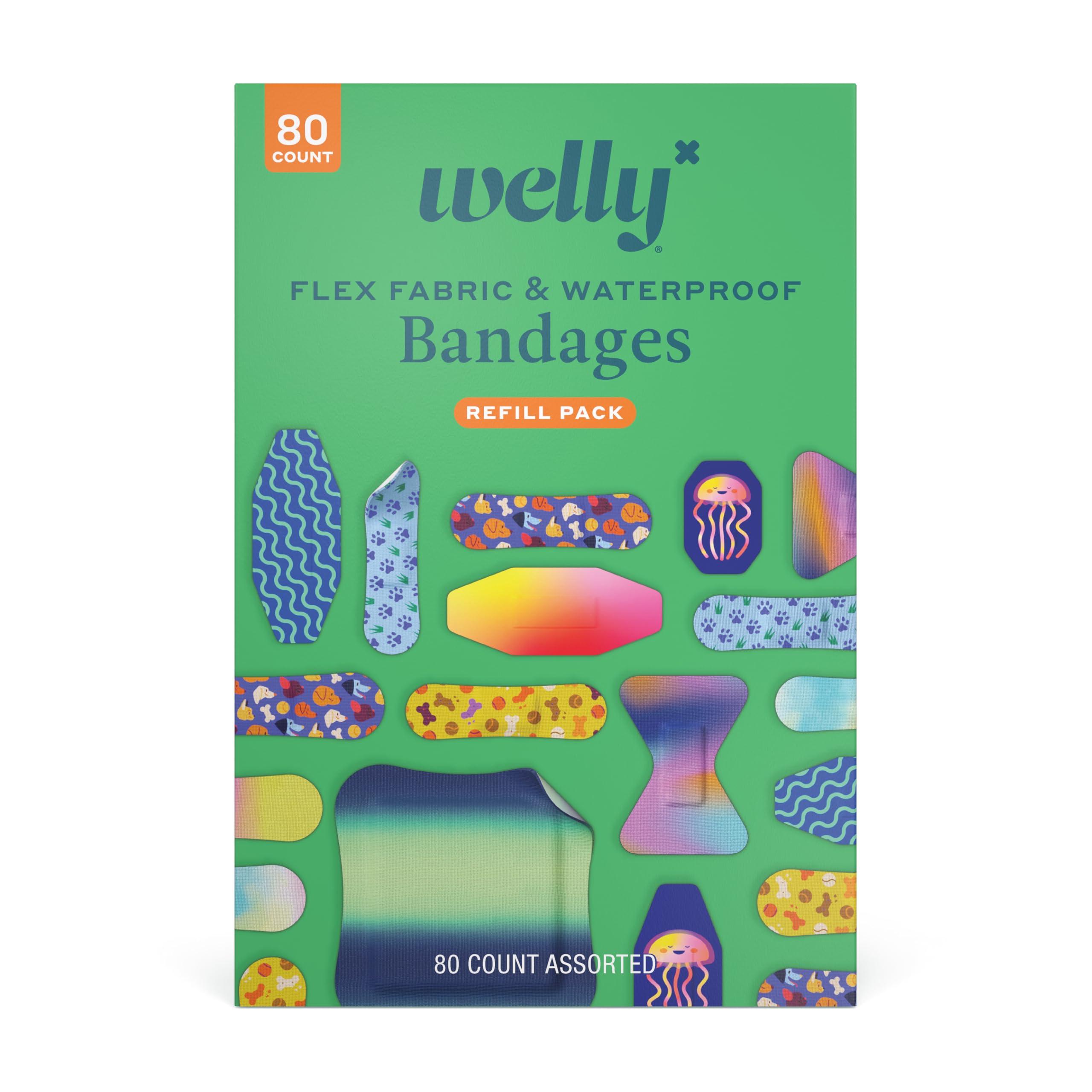 Welly Welly Bandage Family Pack | Adhesive Flexible Fabric & Waterproof Bandages | Assorted Shapes and Patterns for Minor Cuts, Scrapes, and Wounds - 80 Count