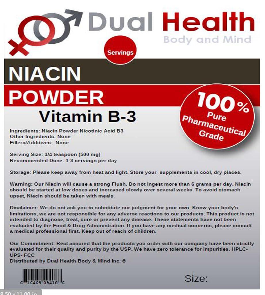Dual Health Body and Mind Niacin Powder (8 oz) Vitamin B3 Bulk Supplement Immediate Release Niacin with Flush Nicotinic Acid Non-GMO, Vegan, Gluten Free Company Fast Absorption No GMOs, Fillers, Additives or Heavy Metals