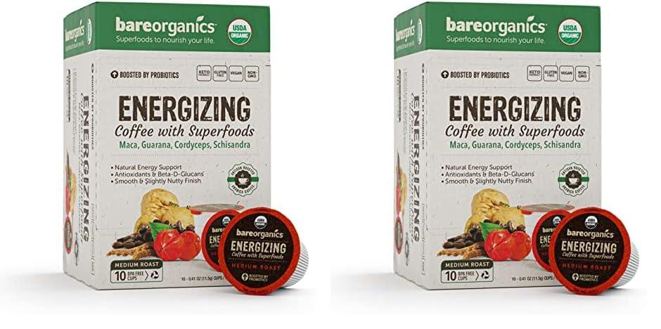 BareOrganics BareOrganics 13214 ENERGIZING USDA Organic Coffee Infused with Superfoods & Probiotics, Organic Coffee Pods, Keurig K-Cup Compatible Organic Coffee Pods, Vegan, Gluten Free, 10 Single (Pack of 2)