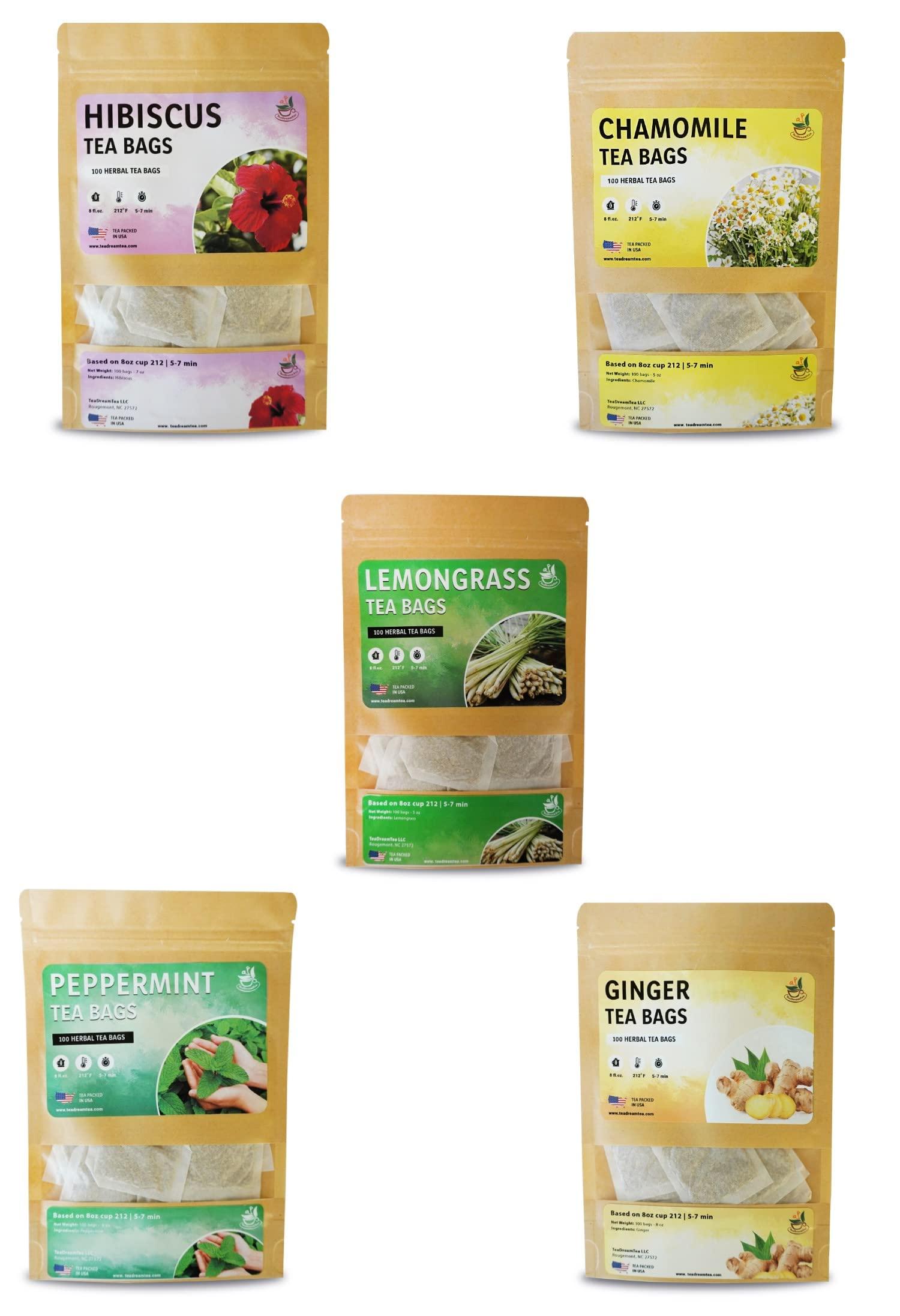 TeaDreamTea Hibiscus, Peppermint, Lemongrass, Chamomile Ginger Tea Bundle 5 Bags of Herbal Tea 500 Tea bags