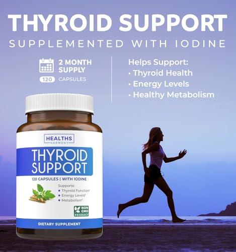 Healths Harmony Thyroid Support with Iodine - 120 Capsules (Non-GMO) Improve Your Energy - Ashwagandha Root, Zinc, Selenium, Vitamin B12 Complex - Thyroid Health Supplement for Women and for Men - 60 Day Supply