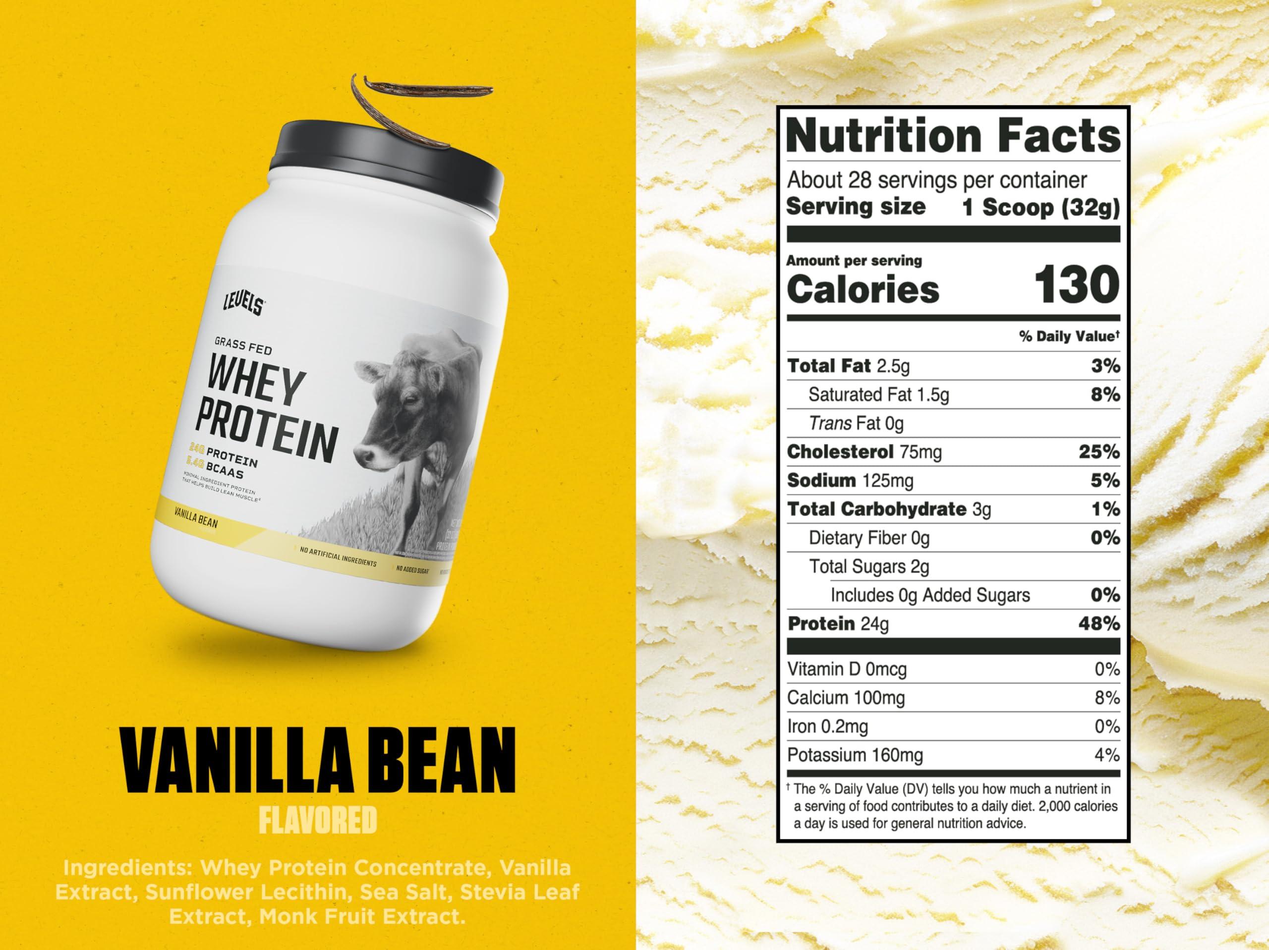 Levels Nutrition Levels Grass Fed Whey Protein, No Artificials, 24G of Protein, Vanilla Bean, 2LB