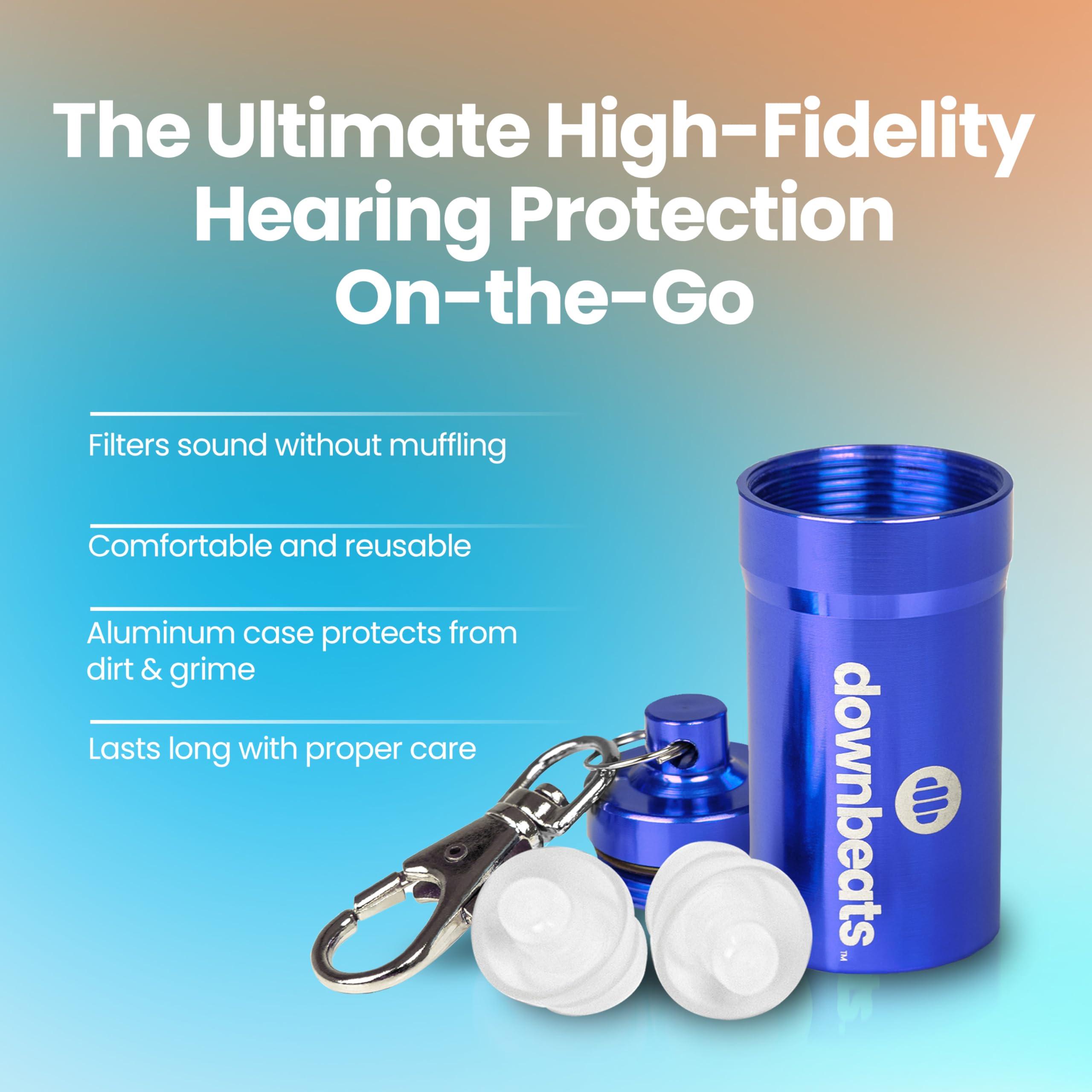 DownBeats High Fidelity Ear Plugs for Hearing Protection - Discreet, Clear Ear Plugs for Concerts, Festivals & Noisy Events - Up to 18dB Background Noise Reduction Reusable Ear Plugs - Comes with Aluminum Case