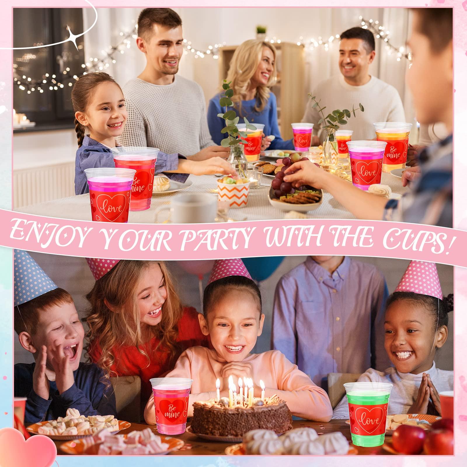 Meanplan Meanplan 100 Pcs 12 oz Valentine Plastic Cups Disposable Valentine Clear Coffee Cups Pink Heart Shot Glasses Party Supplies for Liquor Iced Coffee Juice(Be Mine Style)