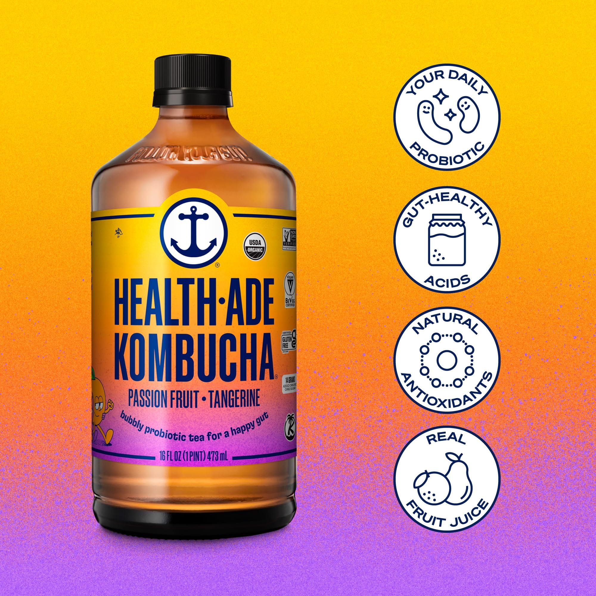 Health-Ade Health-Ade Kombucha Tea Organic Drink, Fermented Tea with Living Probiotics, Detoxifying Acids, Supports Gut Health, Non-GMO, Vegan, Gluten Free, 12 Pack (16 Fl Oz Bottles), Passion Fruit Tangerine