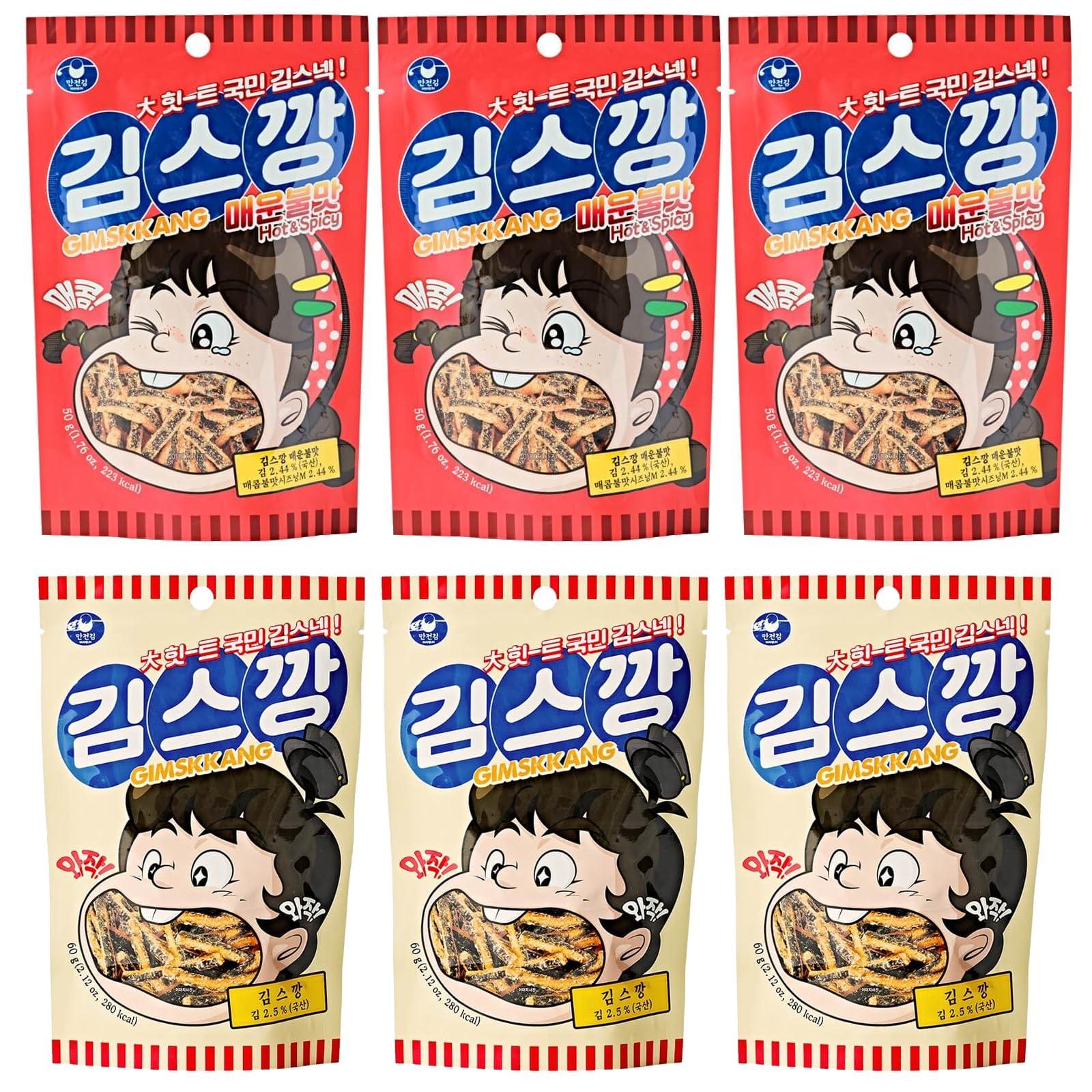 ROM AMERICA MANJUN Kimskkang Seaweed (Nori) Snack 3 Pack Original Favor ( ) and 3 Pack Hot&Spicy Favor ( )