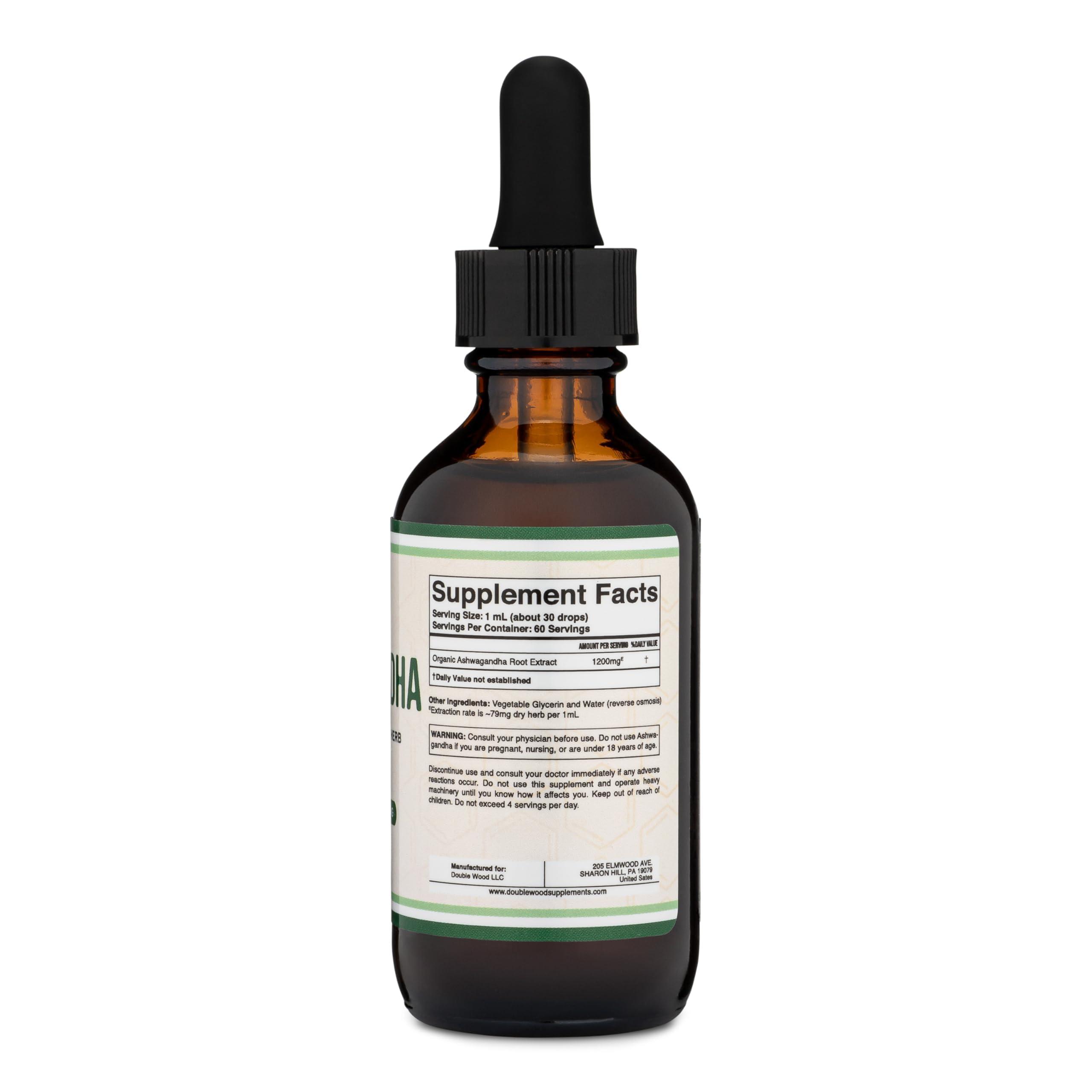 Double Wood Supplements Ashwagandha Organic Drops for Stress Relief (1,200mg, 60 Servings) Ashwagandha Tincture for Adrenal Support and Cortisol Manager (Vegan Safe, Gluten Free, Non-GMO) by Double Wood