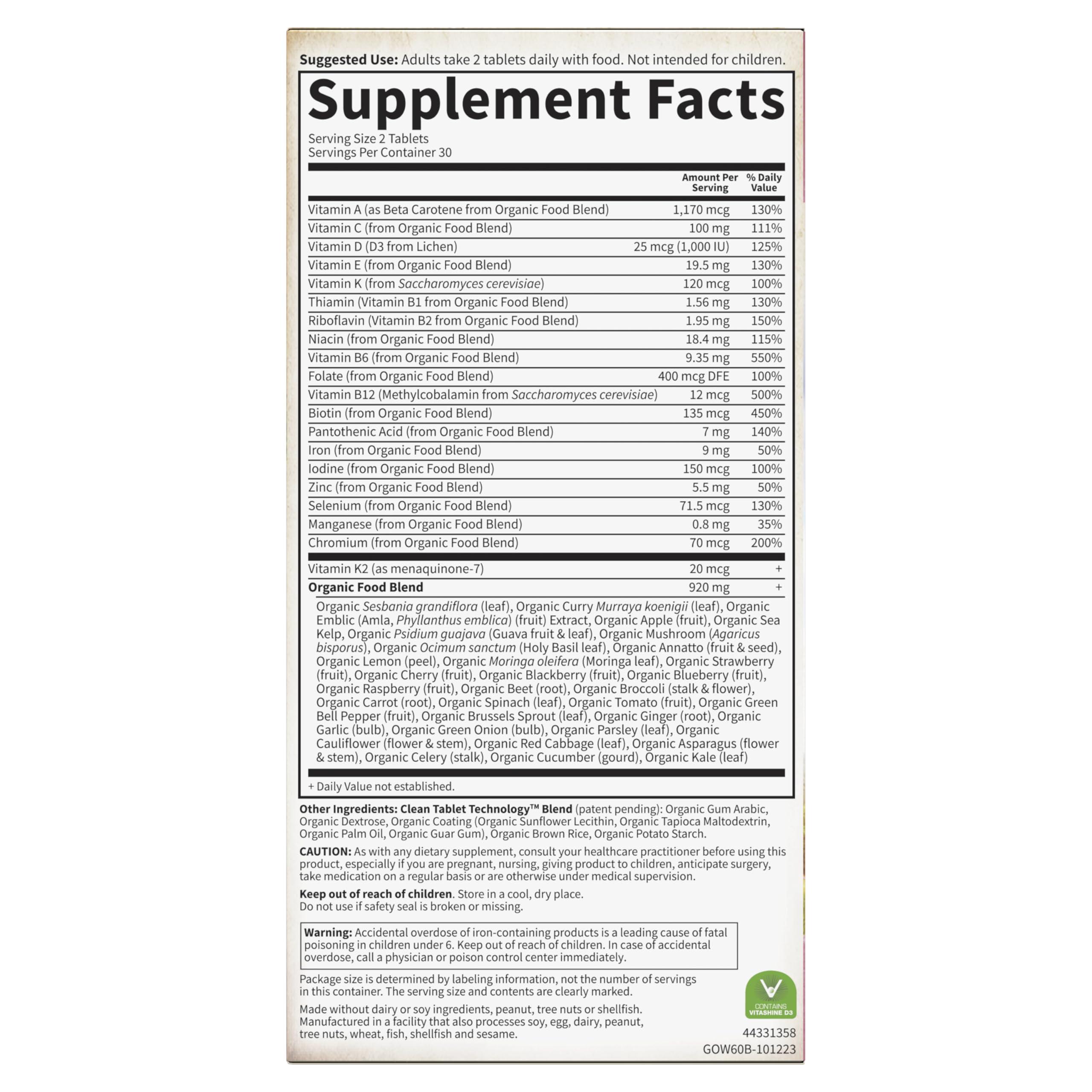 Garden of Life Garden of Life Organics Organic Multivitamin for Women - Womens Multi with Vitamin C, D, Folate, B6, B12, Biotin, Iron, Vegan Whole Food Vitamins for Women, Energy, Skin, Nails, 60 Tablets