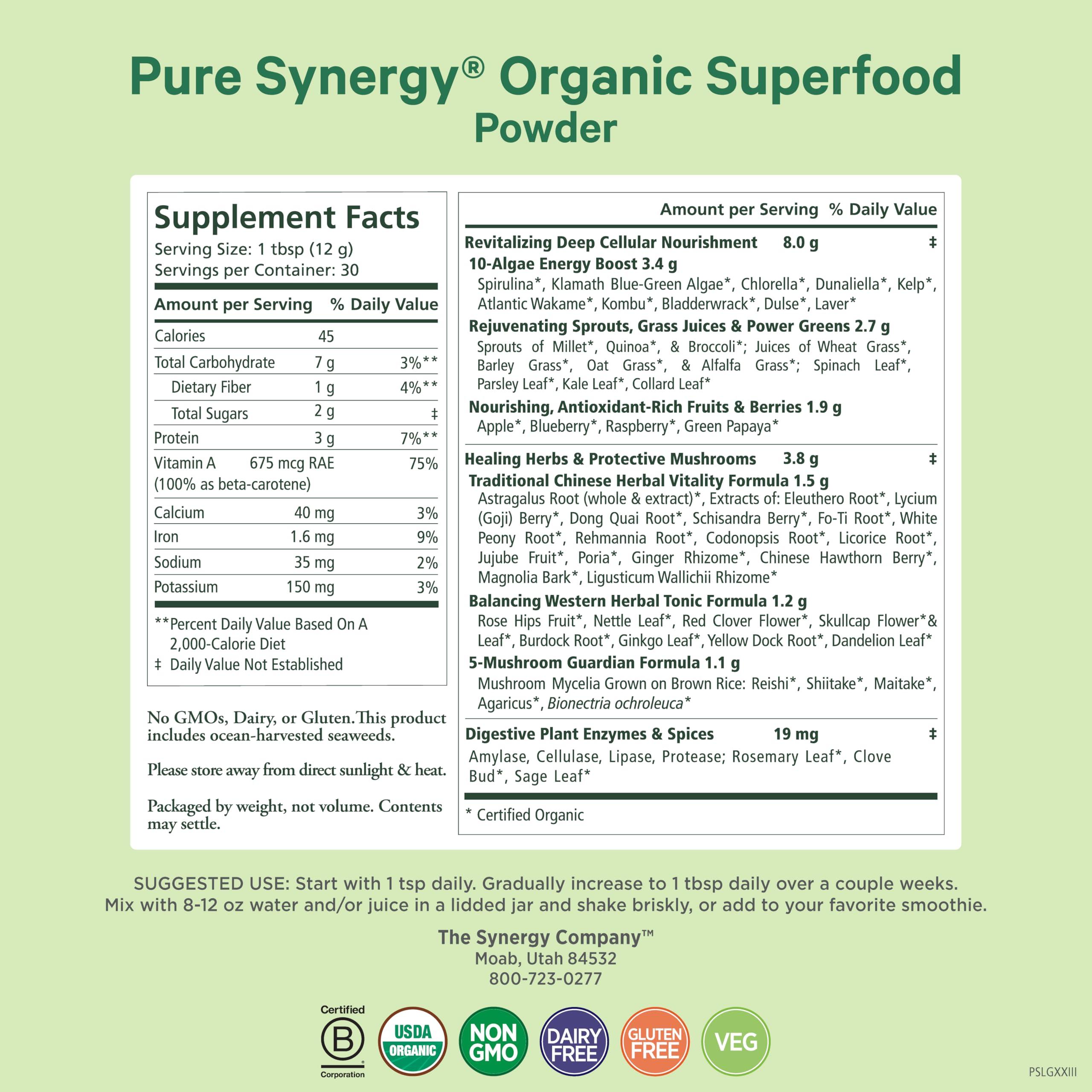 PURE SYNERGY PURE SYNERGY Organic Superfood Powder | Green Superfood Powder | Whole Food Supplement with Organic Greens, Spirulina and Mushrooms | for Energy, Healthy Aging, and Immune Health (12.5 oz)