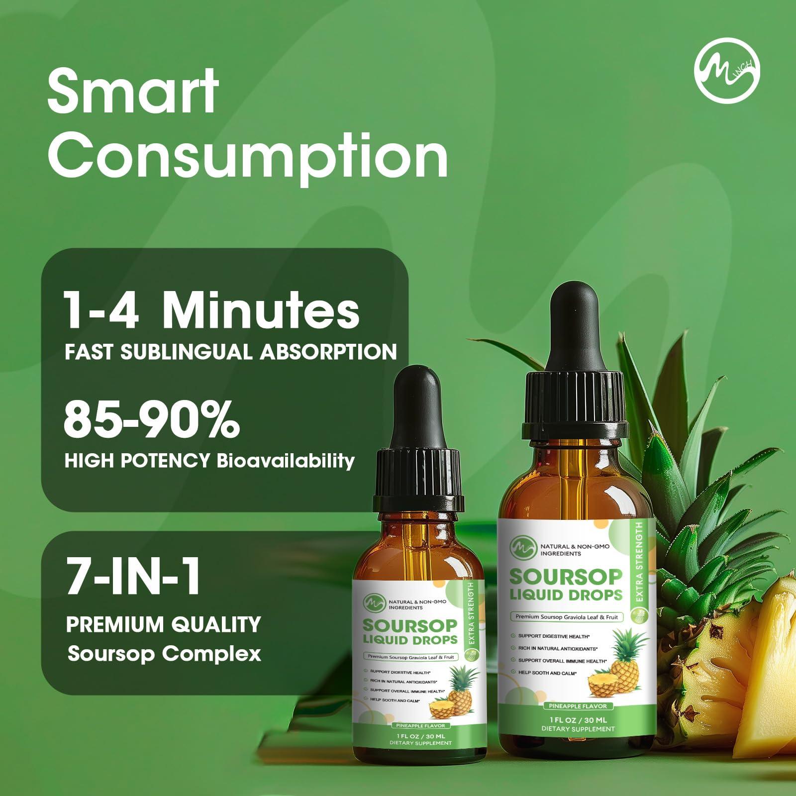 M inch Soursop Bitters Liquid, Sugar Free Graviola Liquid Drops Extract from Organic Soursop Leaves and Fruits for Cell Support, Regeneration, Antioxidant, Immune Boost, Pineapple Flavor, 2 Fl Oz