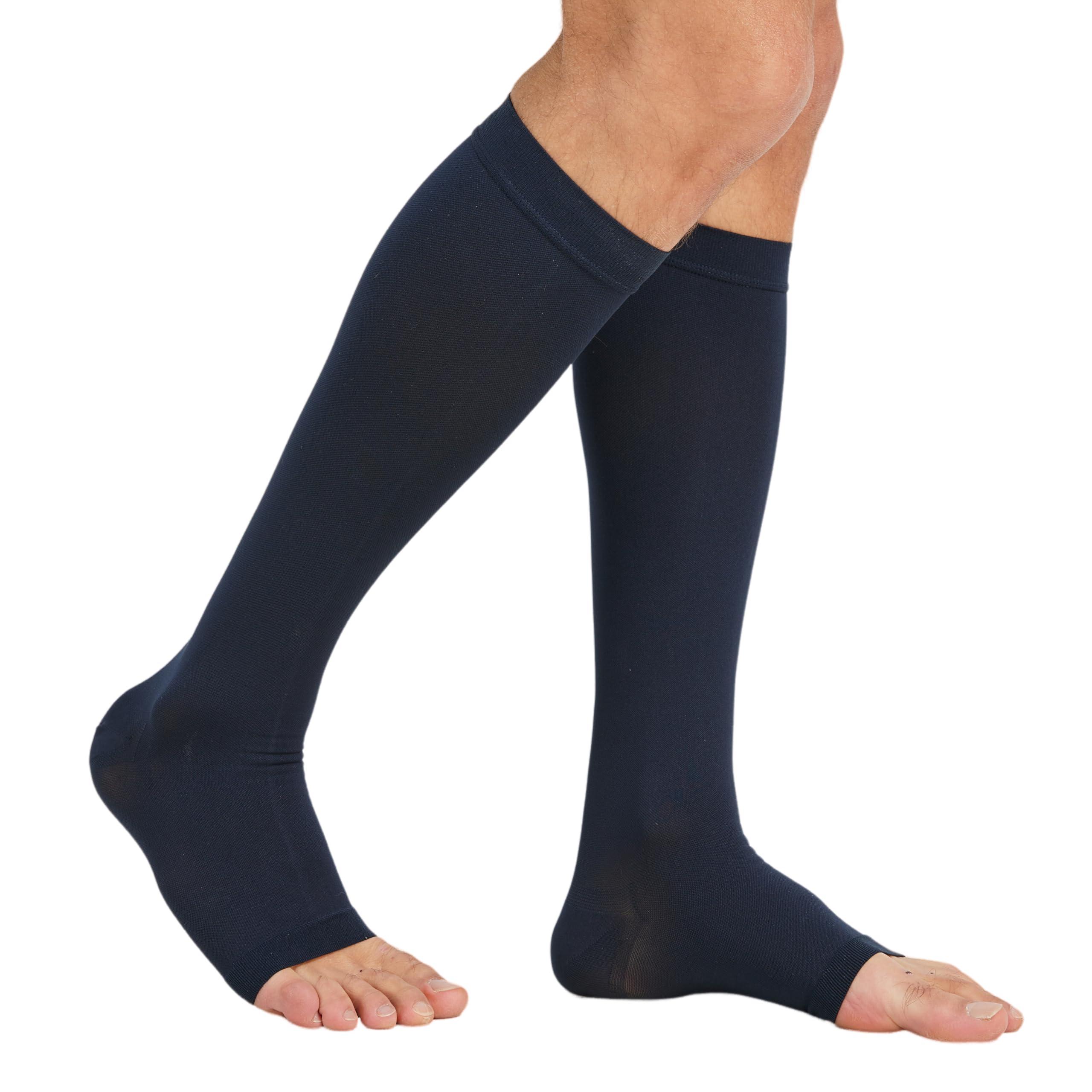 MGANG MGANG 20-30 mmHg Compression Stocking for Men and Women, Medical Compression Socks, Knee High Length, Open Toe, for DVT, Varicose Veins, Relief Shin Splints, Edema, Navy Blue X-Large