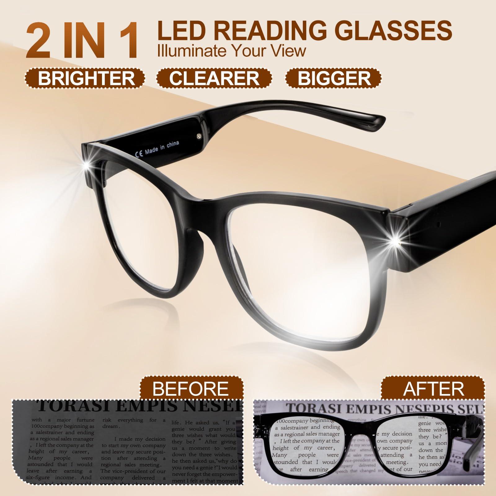 OuShiun OuShiun USB Rechargeable Led Reading Glasses Smart Lighted Eyewear for Women Men (Black, 2.0X)