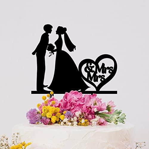 YJHLBHDIAN Two Brides Silhouette Wedding Cake Topper Mrs And Mrs Lesbians Cake Topper for Wedding Bride Couple Rustic Cake Topper Hers Engagement Cake Toppers Funny Custom LGBT Cake Topper Black Acrylic
