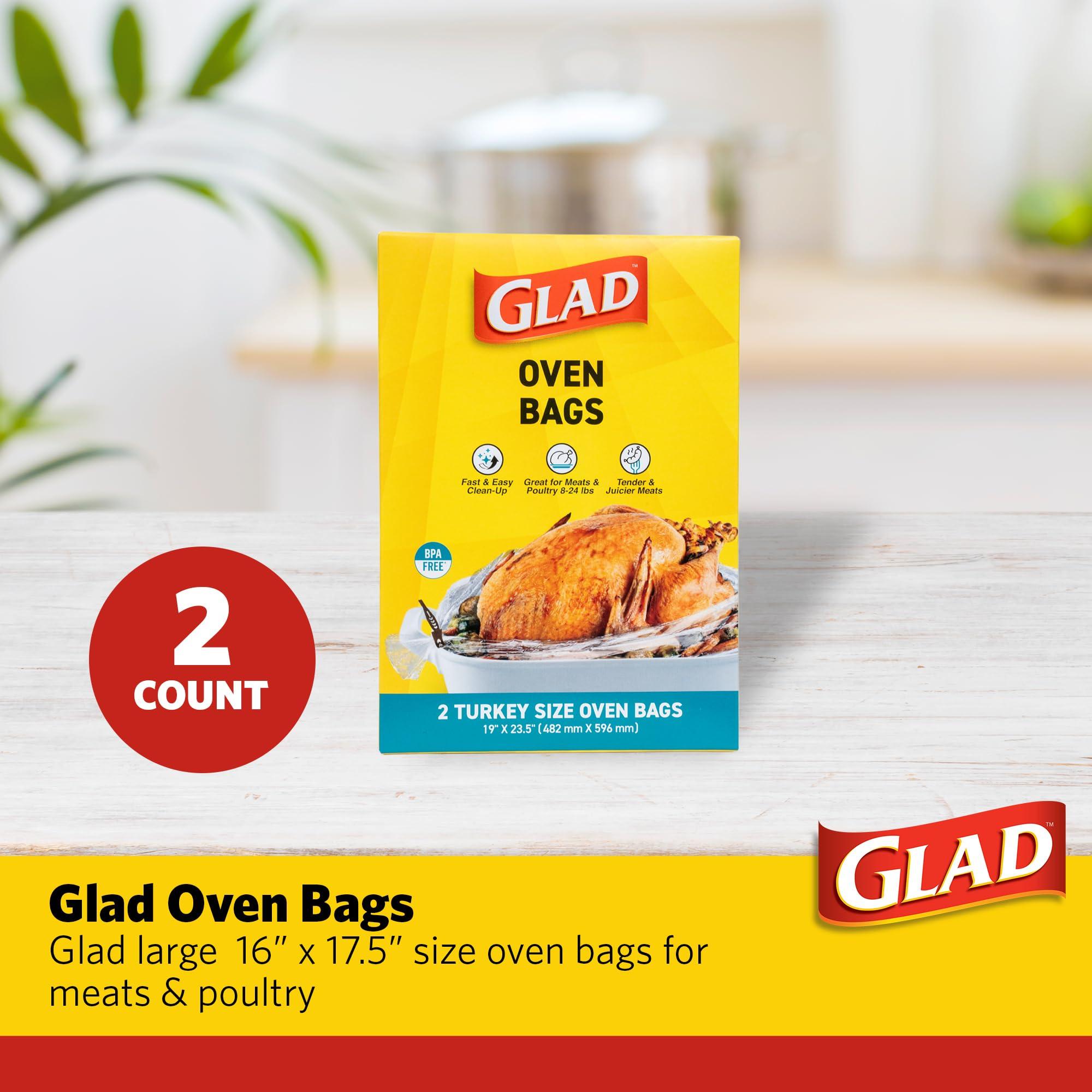 Glad Glad Turkey Size Oven Bags for Meats & Poultry 8-24 lbs BPA-Free* for Tender, Juicy Roasts with Fast & Easy Clean-Up, Turkey Cooking Bags, Roasting Bags, 19" x 23.5" - 2 Count