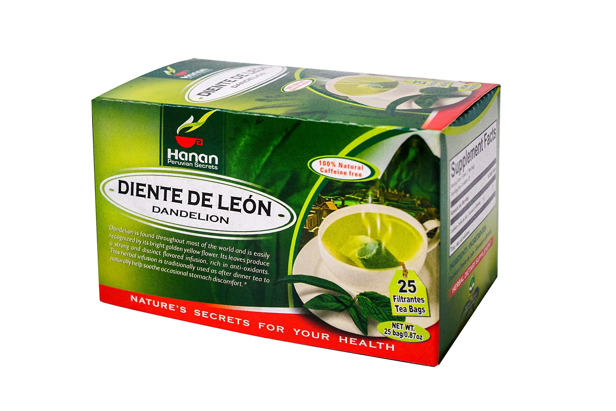HANAN PERUVIAN SECRETS Hanan Peruvian Secrets Diente De Leon Herbal Tea | 100% Natural Dandelion Leaves | 25 Tea Bags | Naturally Supports Digestion | Soothes Occasional Stomach Discomfort - 3 Pack