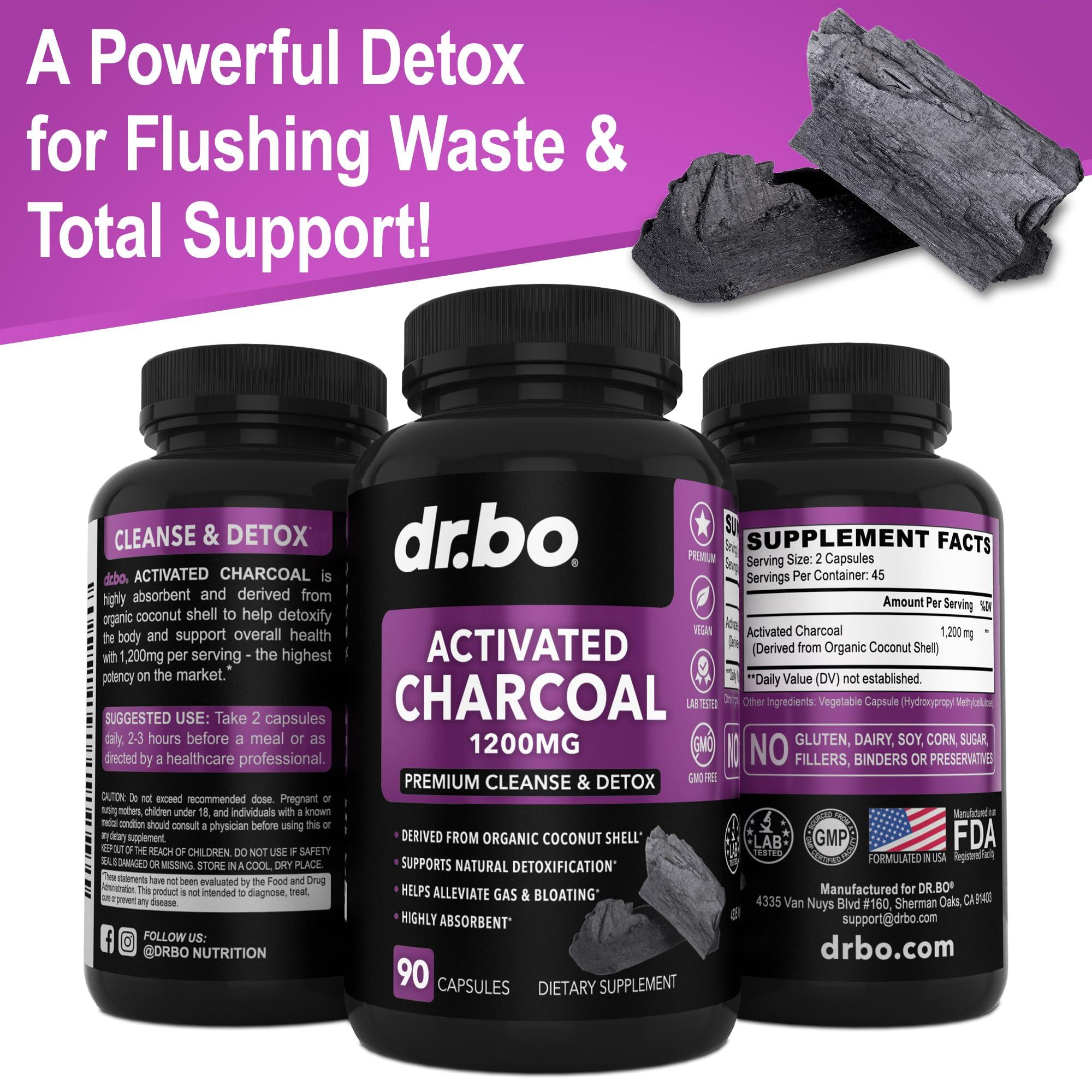 DR. BO Activated Charcoal & Colon Cleanser Detox - Organic Coconut Charcoal Pills & Colon Cleanse for Stomach Gas Bloat & Regularity - Bowel Movement Supplements for Stomach Bloating, Gut Support