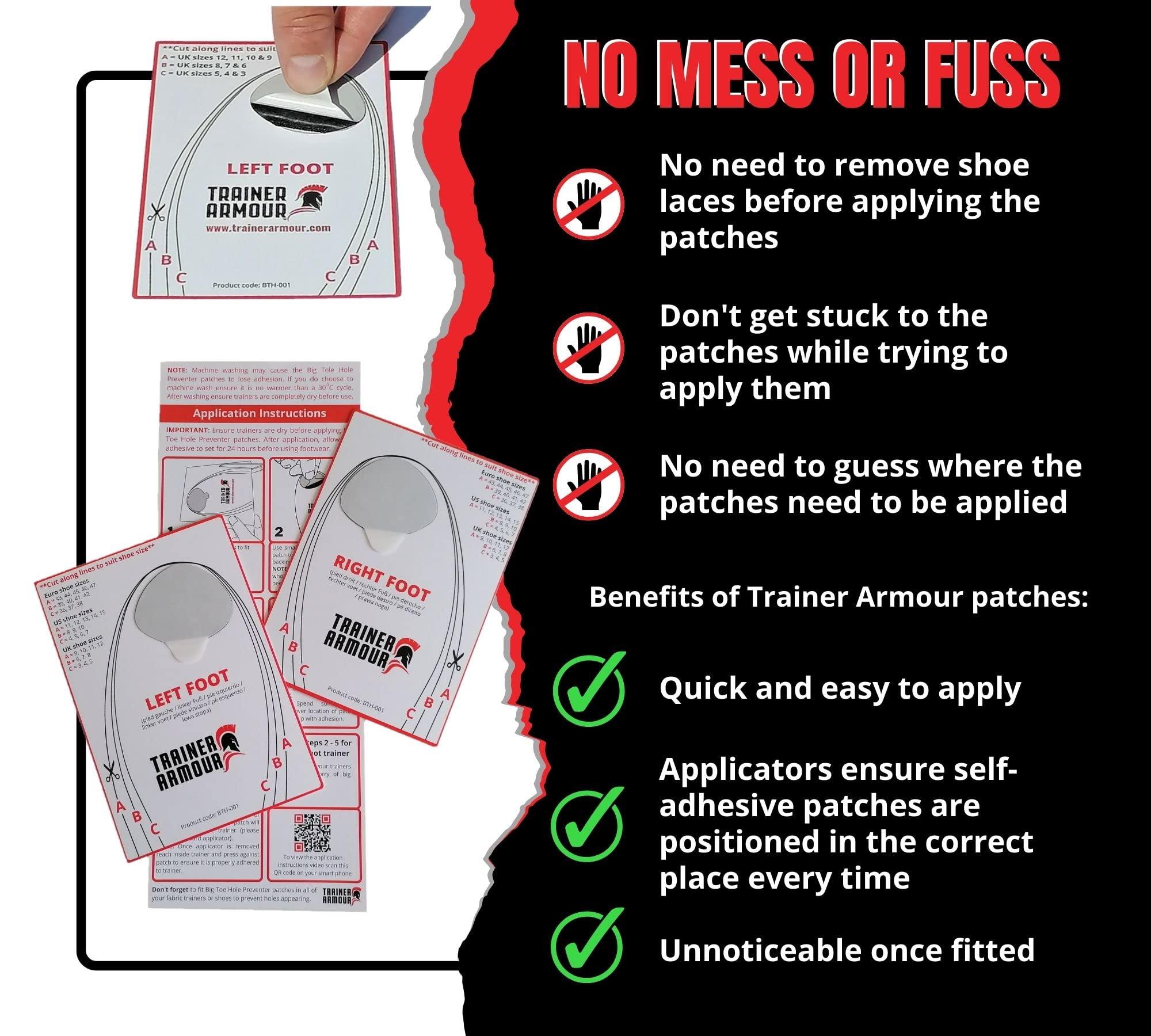 Trainer Armour Trainer Armour - Big Toe Hole Preventer, self-Adhesive Patches with a Clever applicator. Shoe Toe Burst Toe Box Blowout Prevention Insert, Toe Hole Area Repair Patch. for Running Shoes and Sneakers.