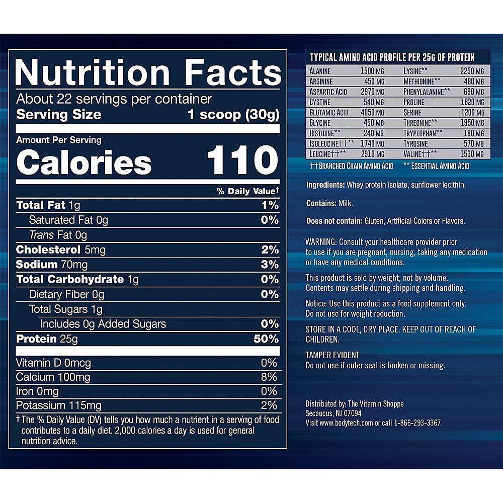 BODYTECH BodyTech Whey Protein Isolate Powder - 25 Grams of Protein per Serving with BCAAs, Ideal for Post-Workout Muscle Building & Growth, Unflavored, Contains Milk & Soy (1.5 Pound/ 22 Servings)