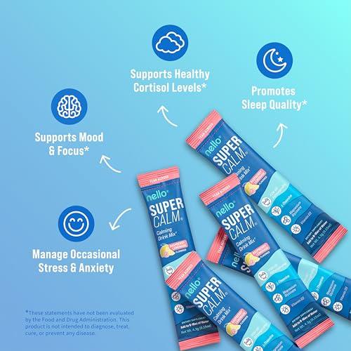 Nello Nello Supercalm Powdered Drink Mix, Raspberry Lemonade, L Theanine, Ksm-66 Ashwagandha, Magnesium Glycinate, Vitamin D 3, Supplements for Relaxation & Focus, No Sugar, Non GMO, Vegan, On The Go, 20 Ct