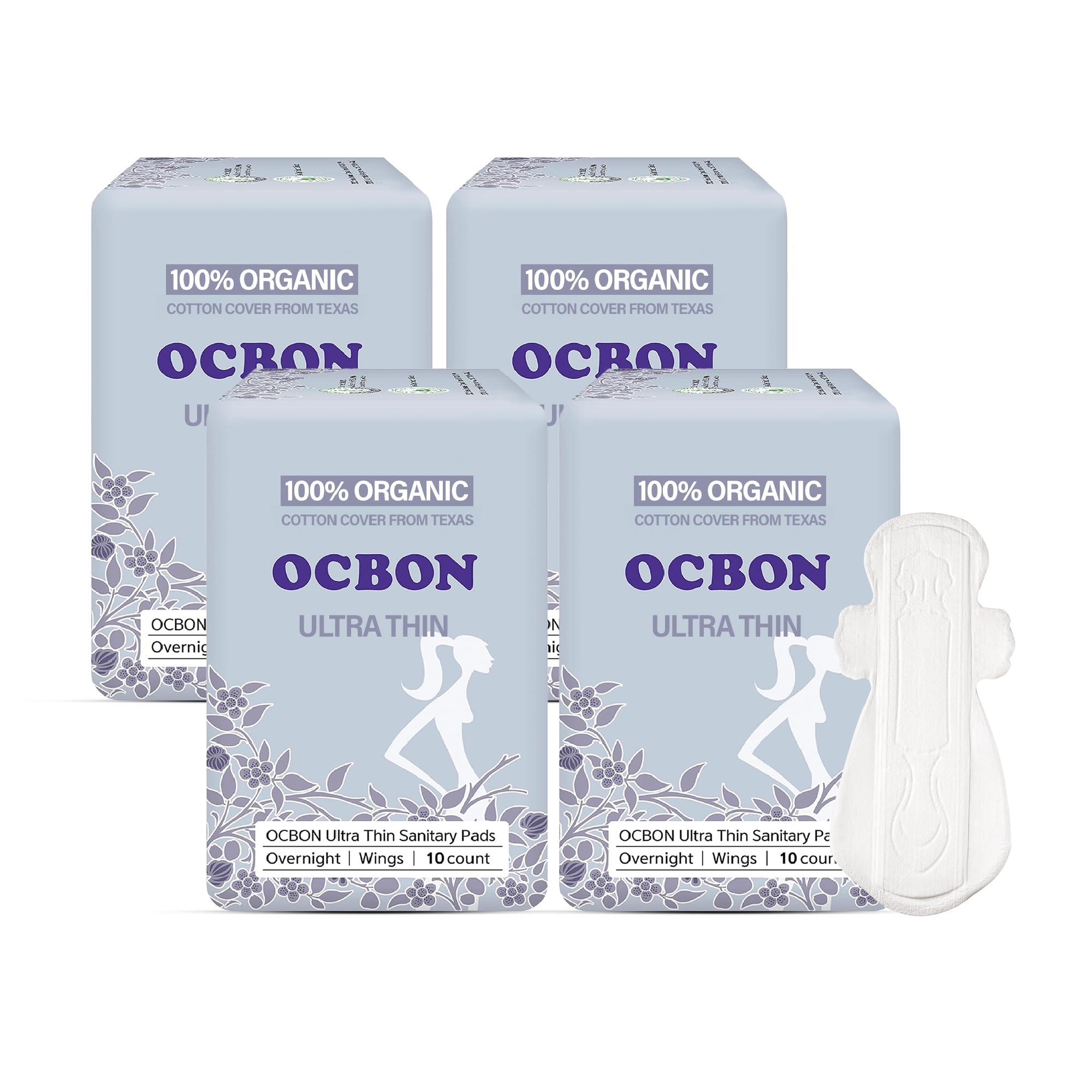OCBON OCBON Ultra Thin Sanitary Pads Overnight - 100% Organic Texan Cotton Cover with Wings (35cm, 40 Counts)