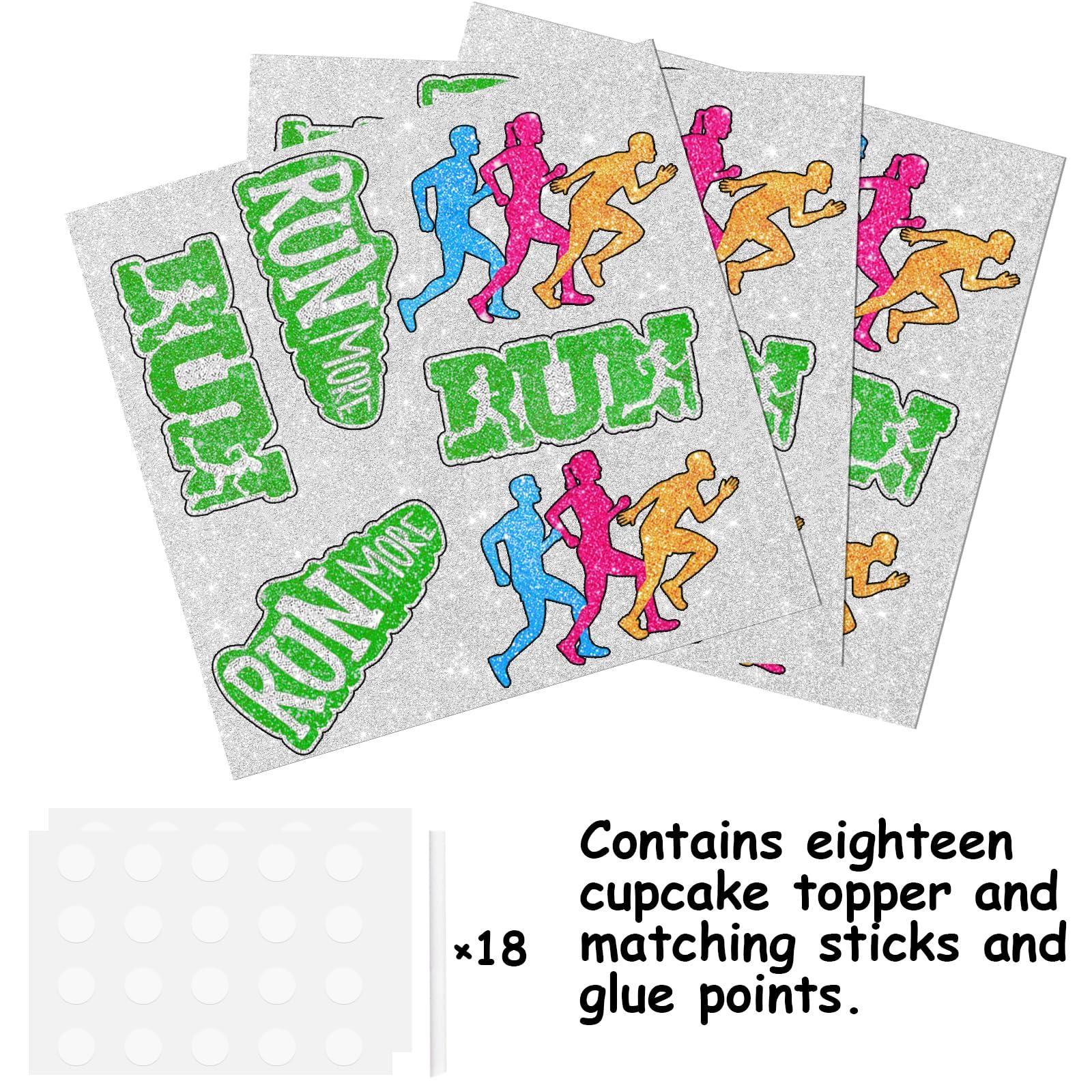 LETLIMIT 18pcs Glitter Run Dessert Cupcake Topper Pace Running Track Cross Country Marathon Theme Decorations Men Women Boys Girls Happy Birthday Party Decor Supplies