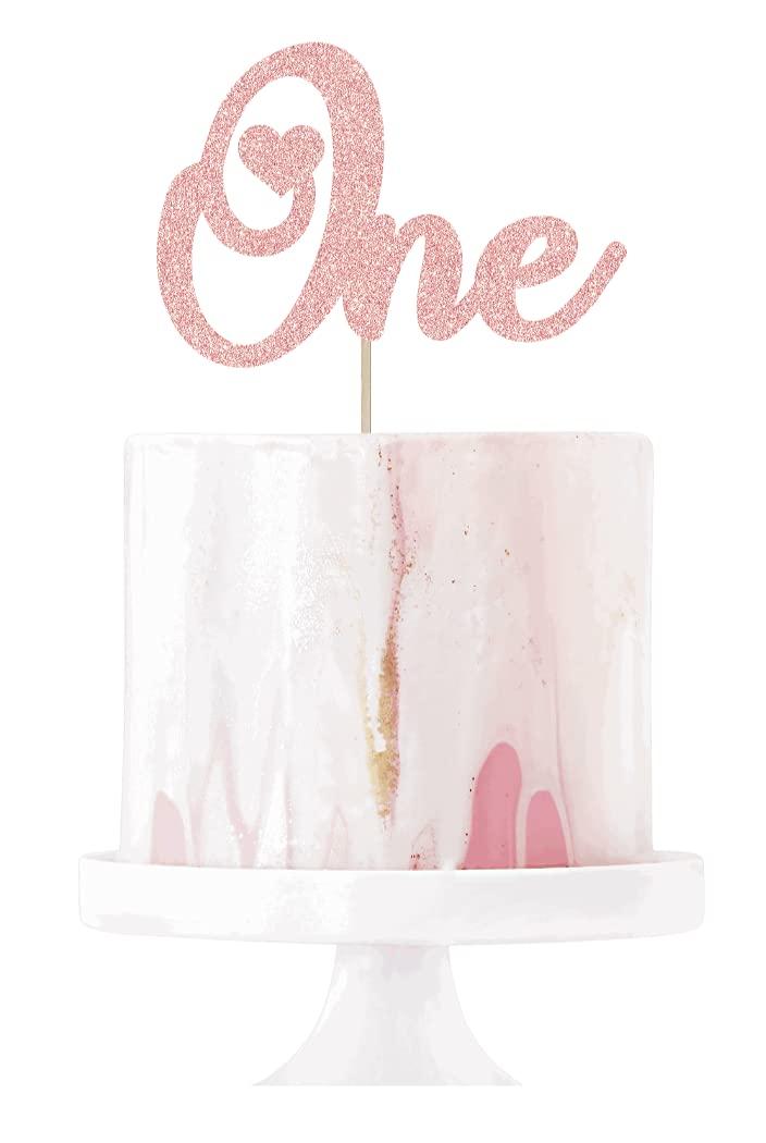 Amory 1st Birthday Cake Topper Decoration, Heart Theme One Cake Topper, Handmade, Double-Sided Rose Gold Glitter, Smash Cake, Photo Booth Prop, First Anniversary
