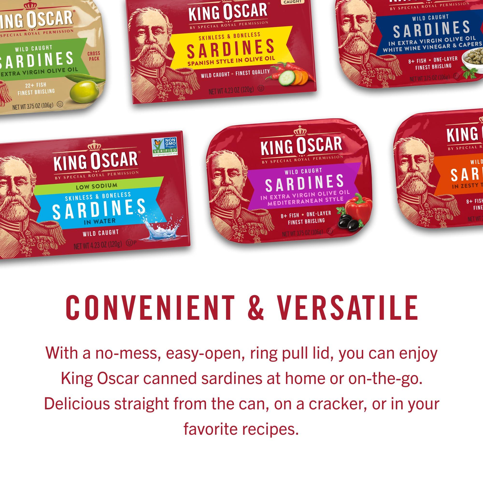 King Oscar King Oscar Premium Sardines in Extra Virgin Olive Oil, Mediterranean Style, 3.75 Ounce Cans (Pack of 12), Wild Caught Sardines