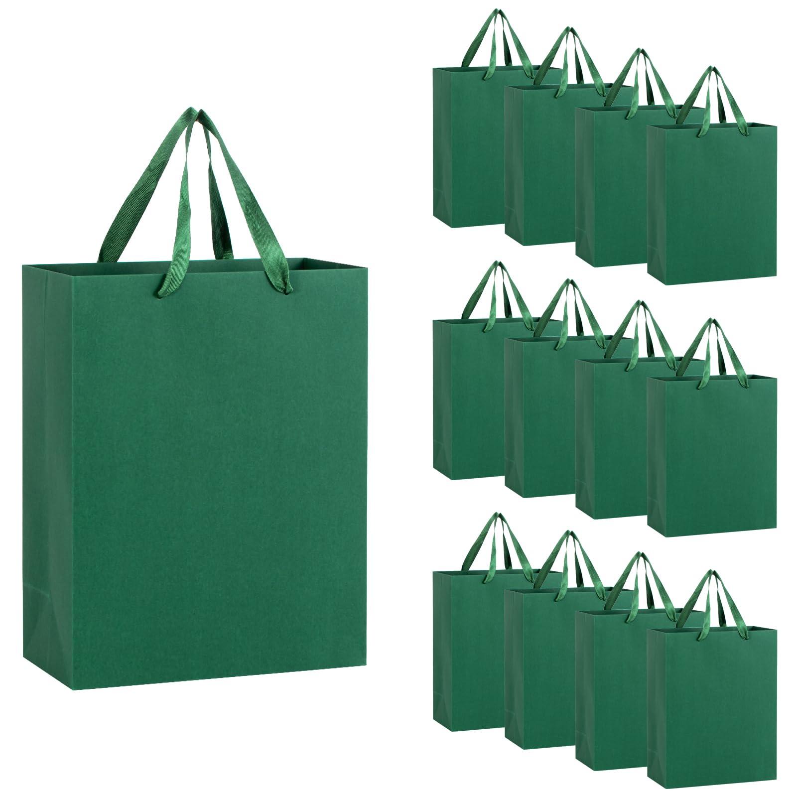 driew driew Large Dark Green Gift Bags, 12 Pack Extra Large Deep Green Gift Bag Ribbon Handles Heavy Duty Paper Gift Bags 10x5x13 inches Party Gift Bags for Shopping, Pakcing,Retail