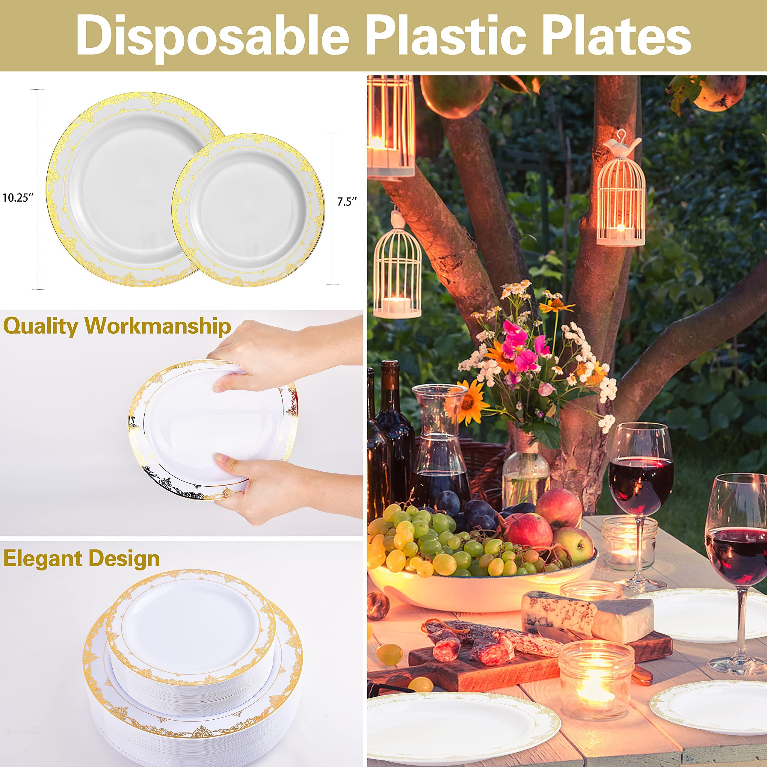 IUMÉ Plastic Plates, 100 Piece Gold Heavy Duty Plastic Dinner Plates, 10.25inch Disposable Plastic Dinnerware Plates and 7.5inch Dinner Dessert Plates Tableware Sets Disposable Plates for Wedding,Party