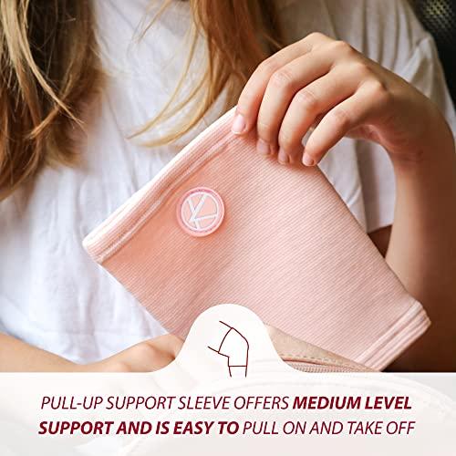KARM KARM Kids Knee Brace Sleeve - Youth Knee Compression Sleeve for Kids, Child - Support for Pain, Sports, Football, Basketball, Gymnastics, Recovery, Boys & Girls (Light Pink)