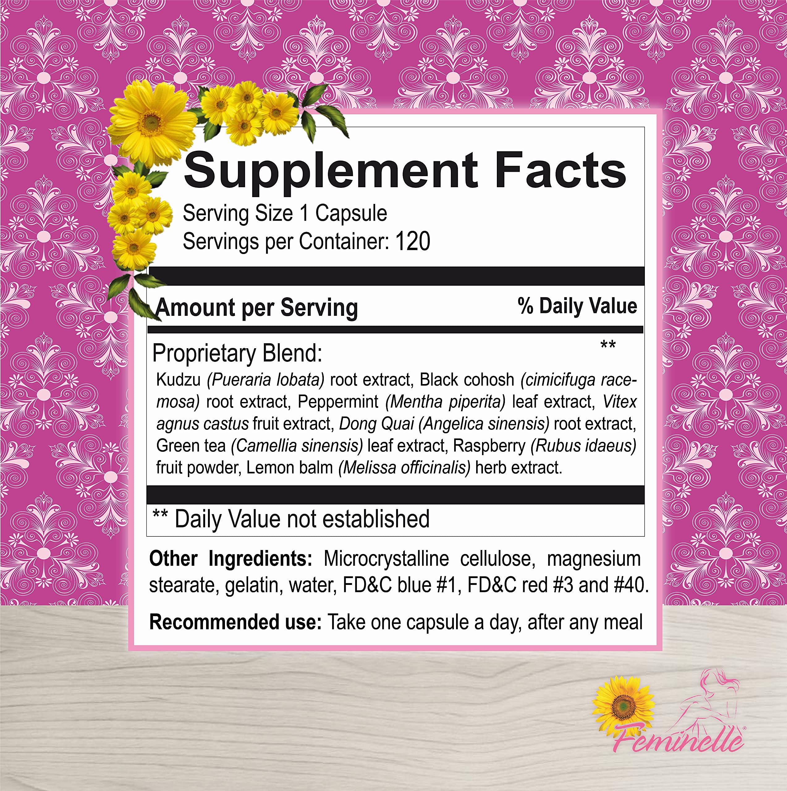 Feminelle Feminelle Menopause Supplement for Women Original Formula - Fast PMS & Menopause Relief - Hot Flashes, Trouble Sleeping, Mood Swings, Weight Gain, Hair Loss, Low Energy (4 Months 120 Capsules)