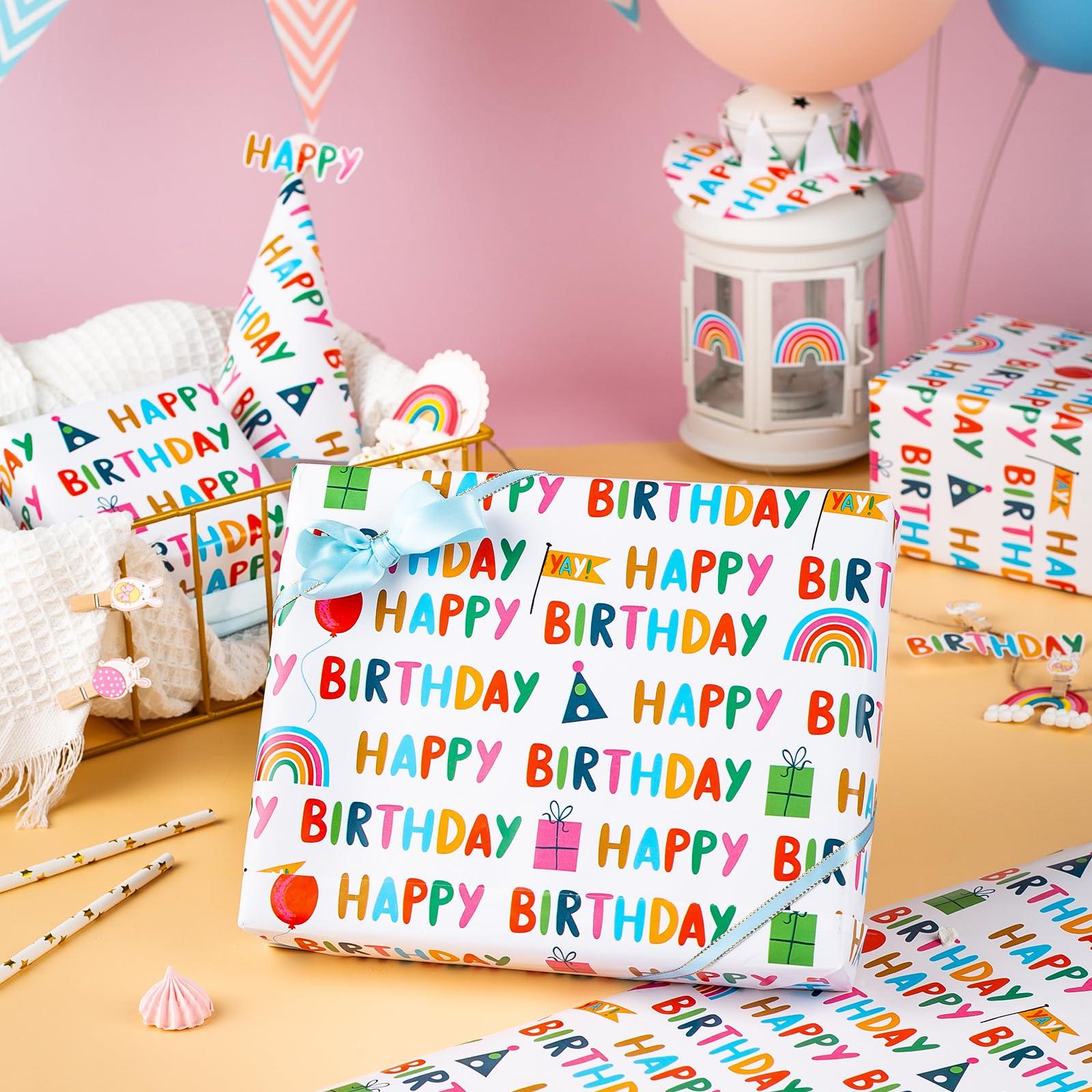MAYPLUSS MAYPLUSS Birthday Mini Wrapping Paper Roll-46.8sqft. White with Colorful Happy Birthday Lettering, Gift Box for Birthday, Baby Shower, Party-17in x 33ft