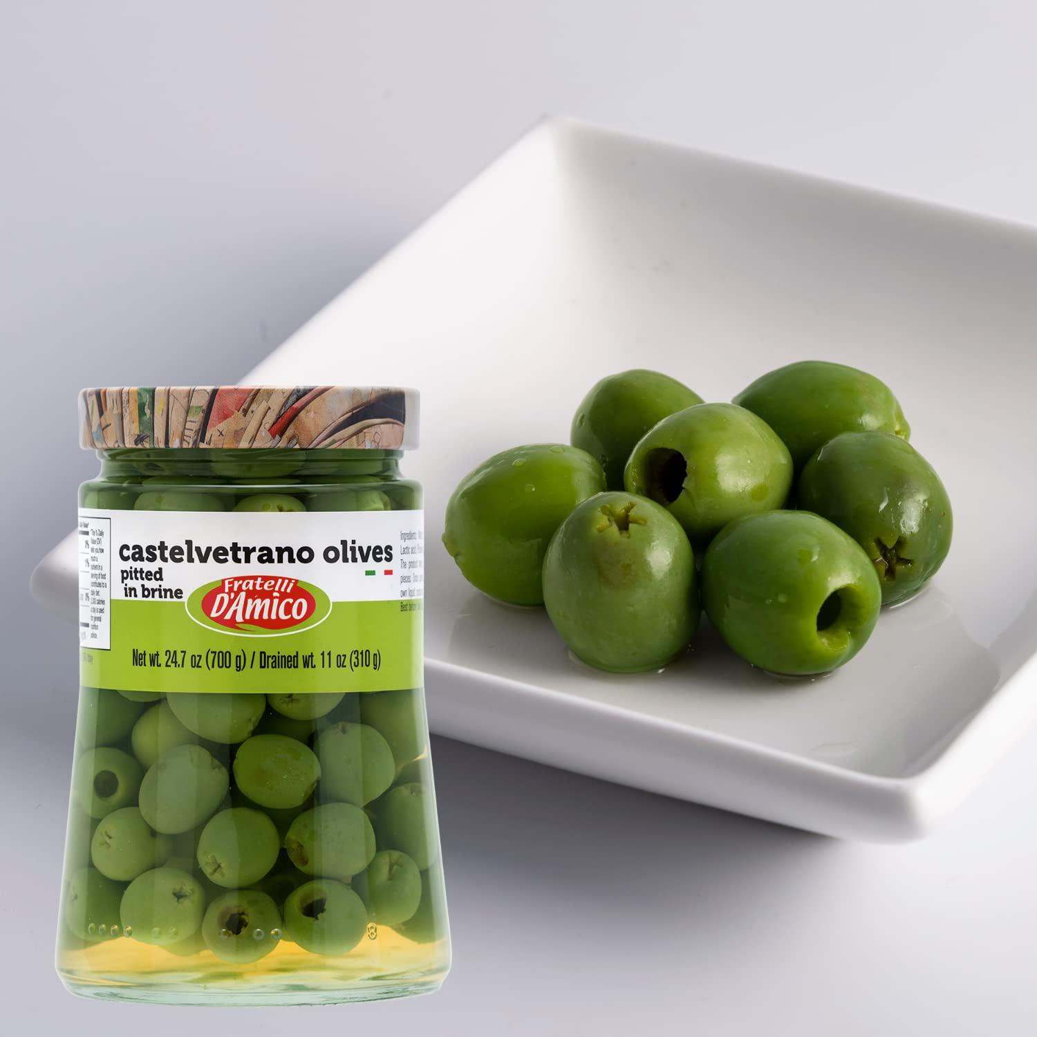 FRATELLI D'AMICO Castelvetrano Green Italian Olives Pitted, 24 oz, Premium Quality, Chef Selection, Sicilian Green Olives, Olive Pitted, 24 oz (700g), Imported From Italy, Natural Olive, Martini Olives for Stuffed, Fratelli D\'Amico
