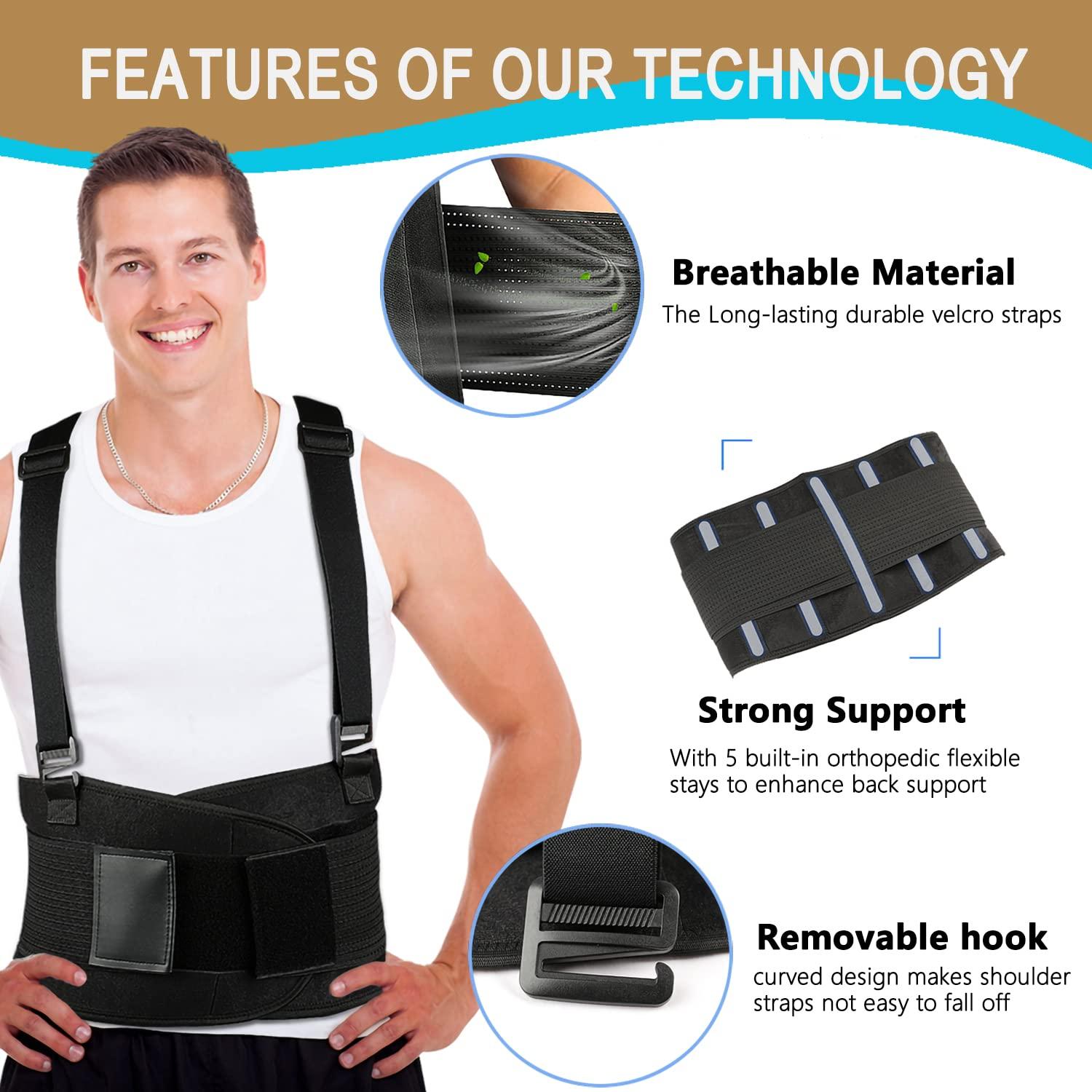 KLEUET Back Brace for Lower Back Pain Relief - Back Support Belt for Women and Men,Adjustable Removable Suspender Straps,Lower Back Belt for Heavy Lifting Work,Moving and Warehouse Jobs XL/2XL(37\"-45\")