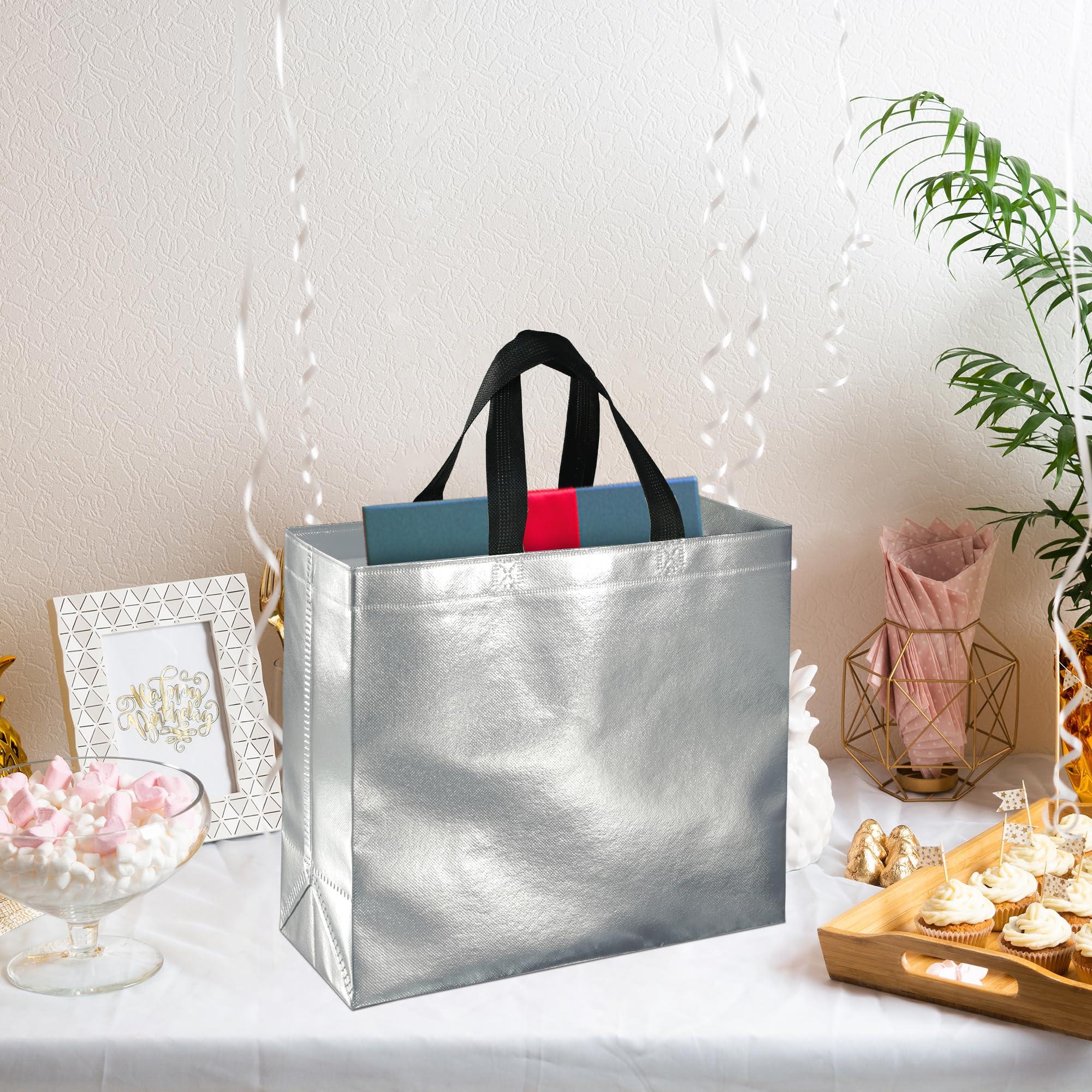 BLEWINDZ BLEWINDZ 60Pcs Large Gift Bags, Glossy Reusable Gift Bags Silver Tote Bags with Handles for Birthday, Bridesmaid, Wedding, Party Favors