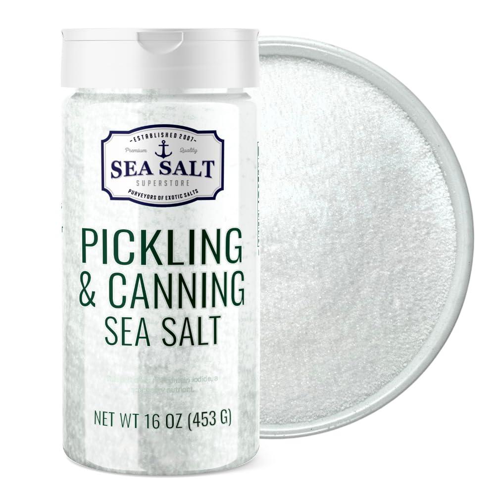 Sea Salt Superstore Pickling & Canning Salt, Pickling Salt & Curing Salt for Natural Preserving, Fine Sea Salt & Kosher Salt for Brining, 1 lb Shaker Non Iodized Salt, Sea Salt Superstore
