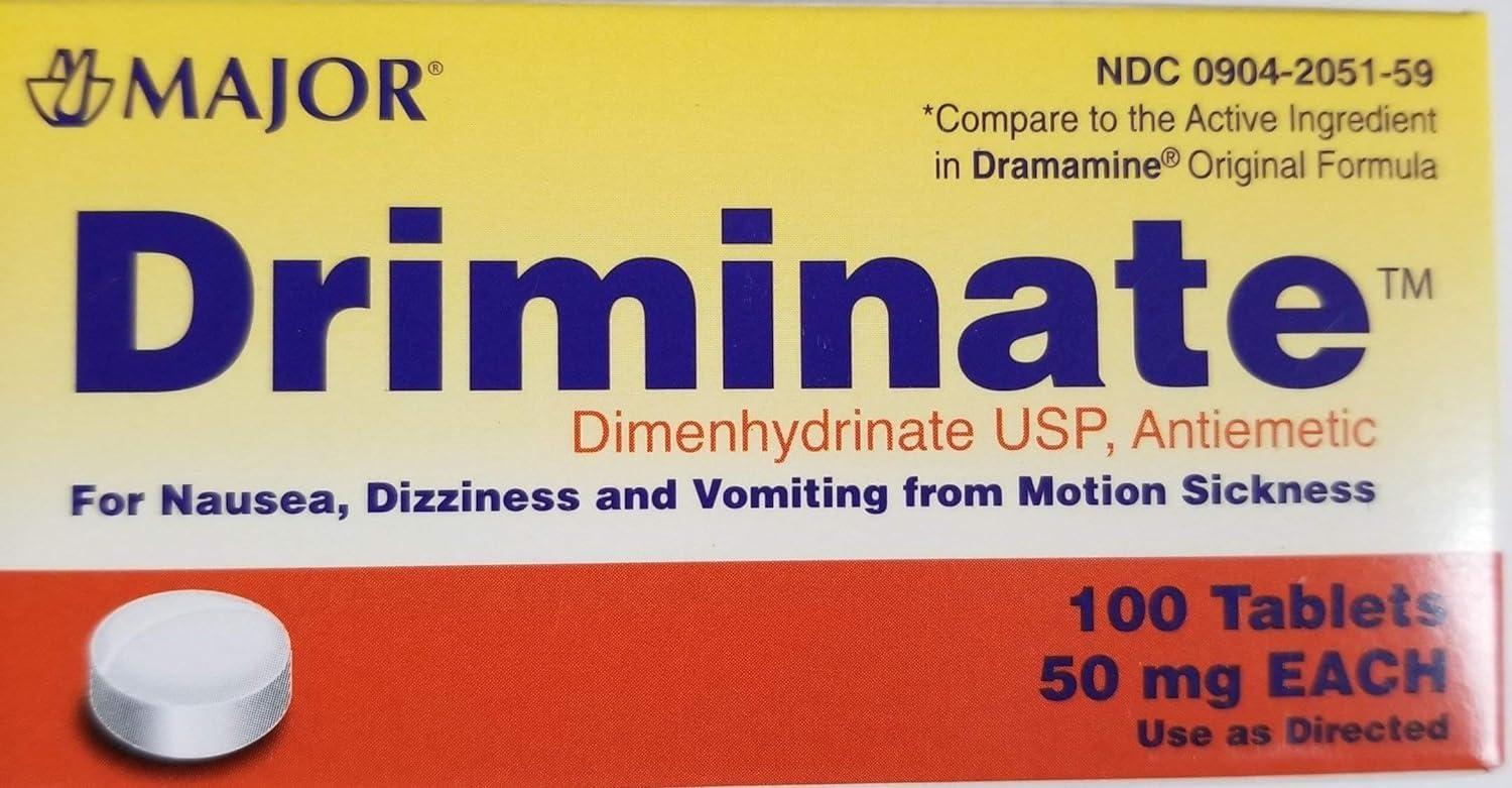 MAJOR Driminate Generic for Dramamine Motion Sickness 50 mg Anti Nausea 100 count
