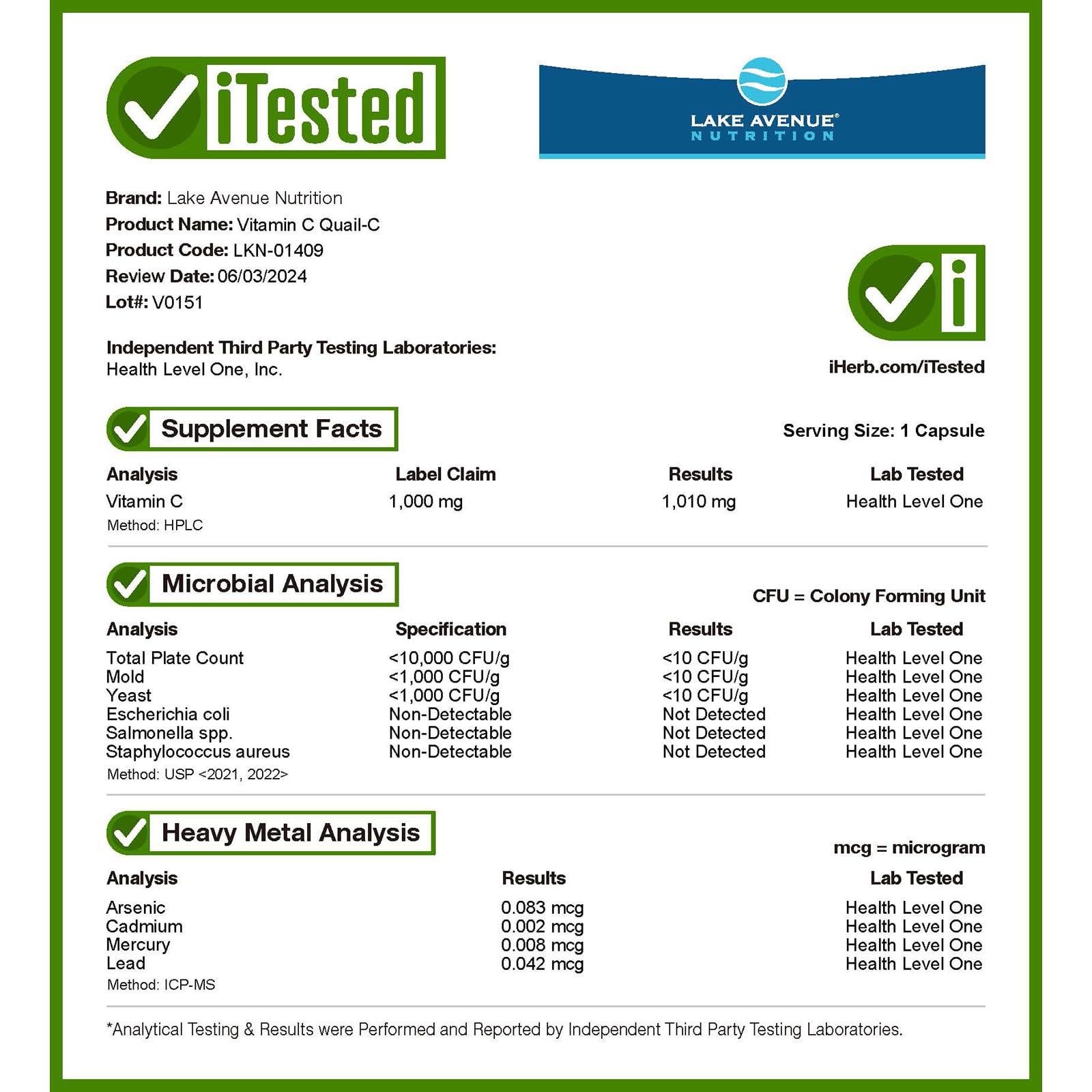 Lake Avenue Vitamin C, Quali-C, 1,000 mg, 60 Veggie Capsules
