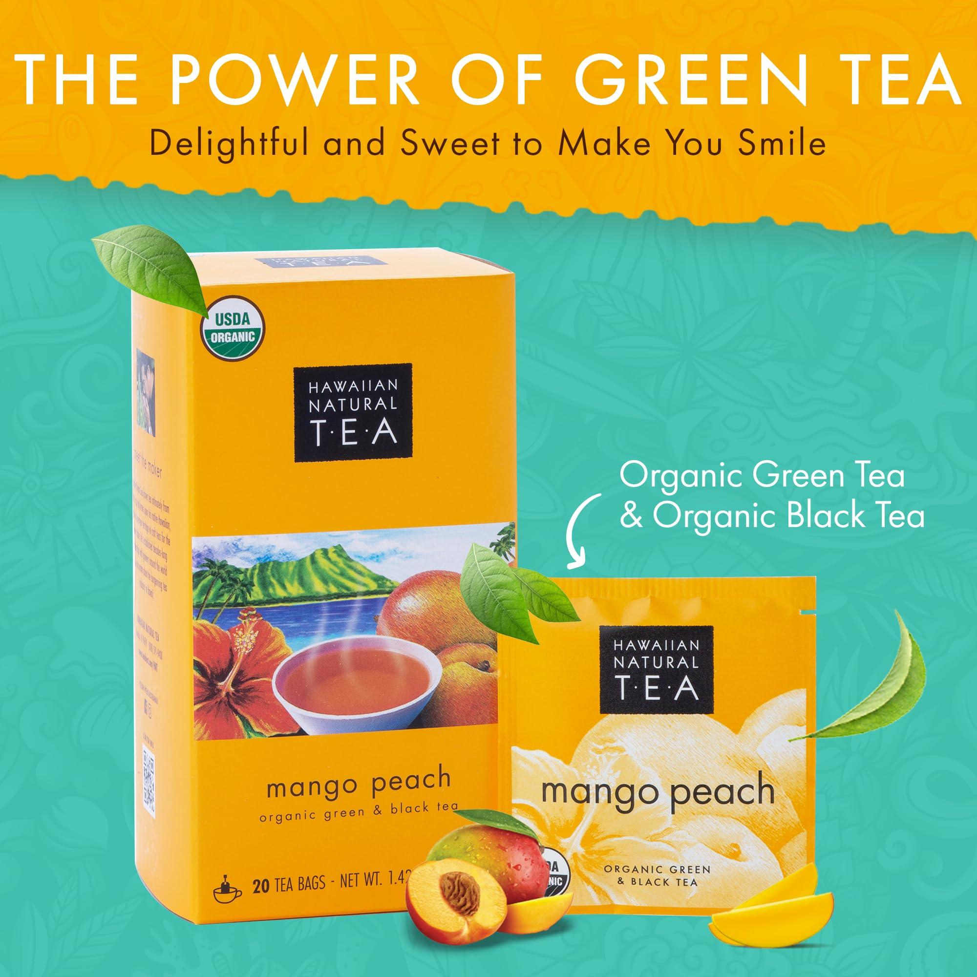HAWAIIAN NATURAL T·E·A Hawaiian Natural Tea Mango Peach Flavored Organic Tea - Tropical Fruit Green Tea Blend with Black Tea - Perfect Daily Cup & Gift for Tea Lovers - 60 Tea Bags
