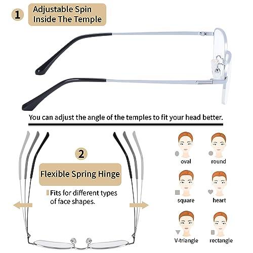 SACHIN Blue Light Blocking Reading Glasses for Men Women Half Frame Metal Eyeglasses with Spring Hinge Anti Computer Glare Anti Eyestrain Lightweight Semi Rimless Readers Silver 3.0
