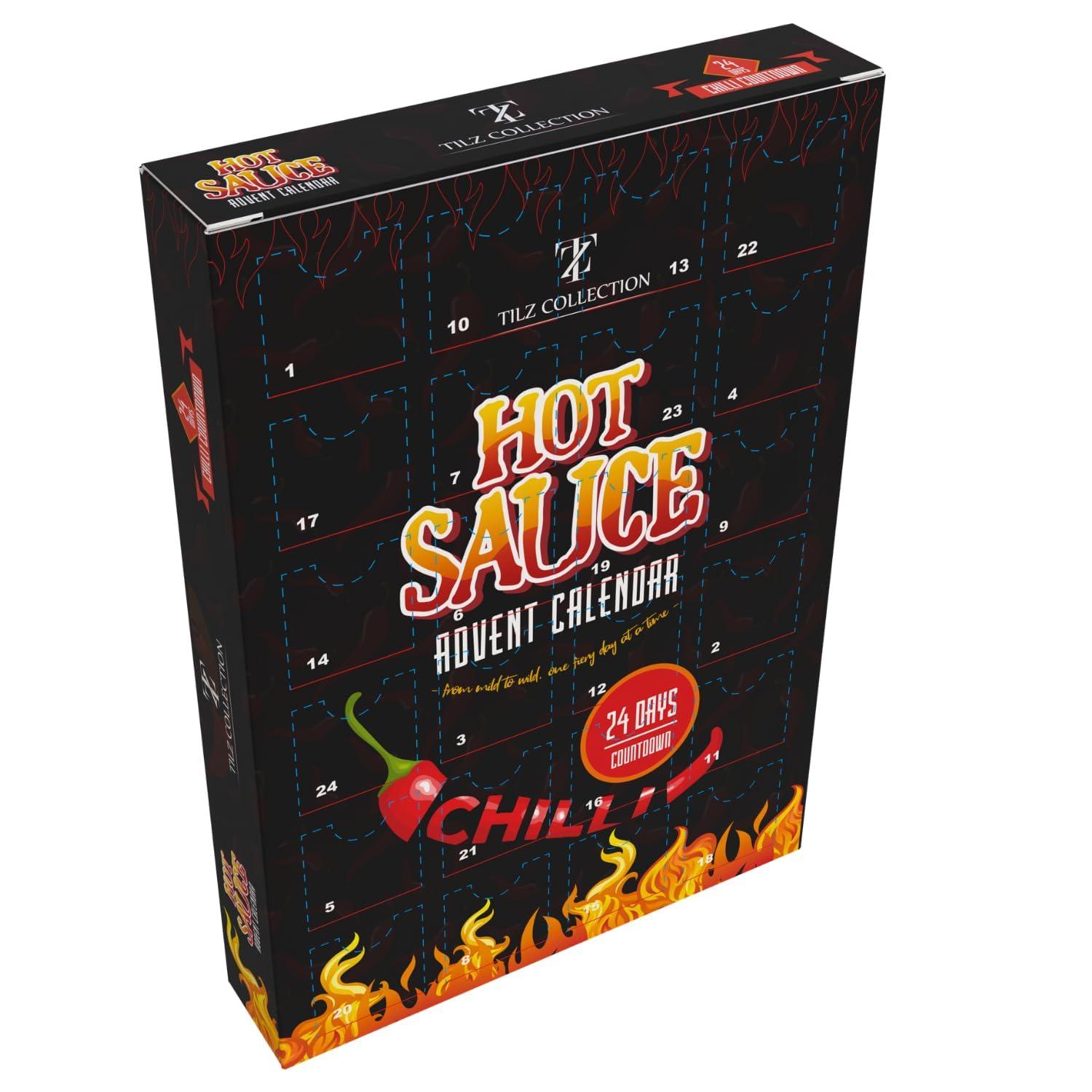 TILZ COLLECTION Hot Sauce Advent Calendar 2024-24 Days Chilli Sauce Advent Calendar, Food Advent Calendar 2024 Men, Hot Sauce Set, Non-chocolate Advent Calendar Women, Chilli Challenge Hot Sauce (Black)