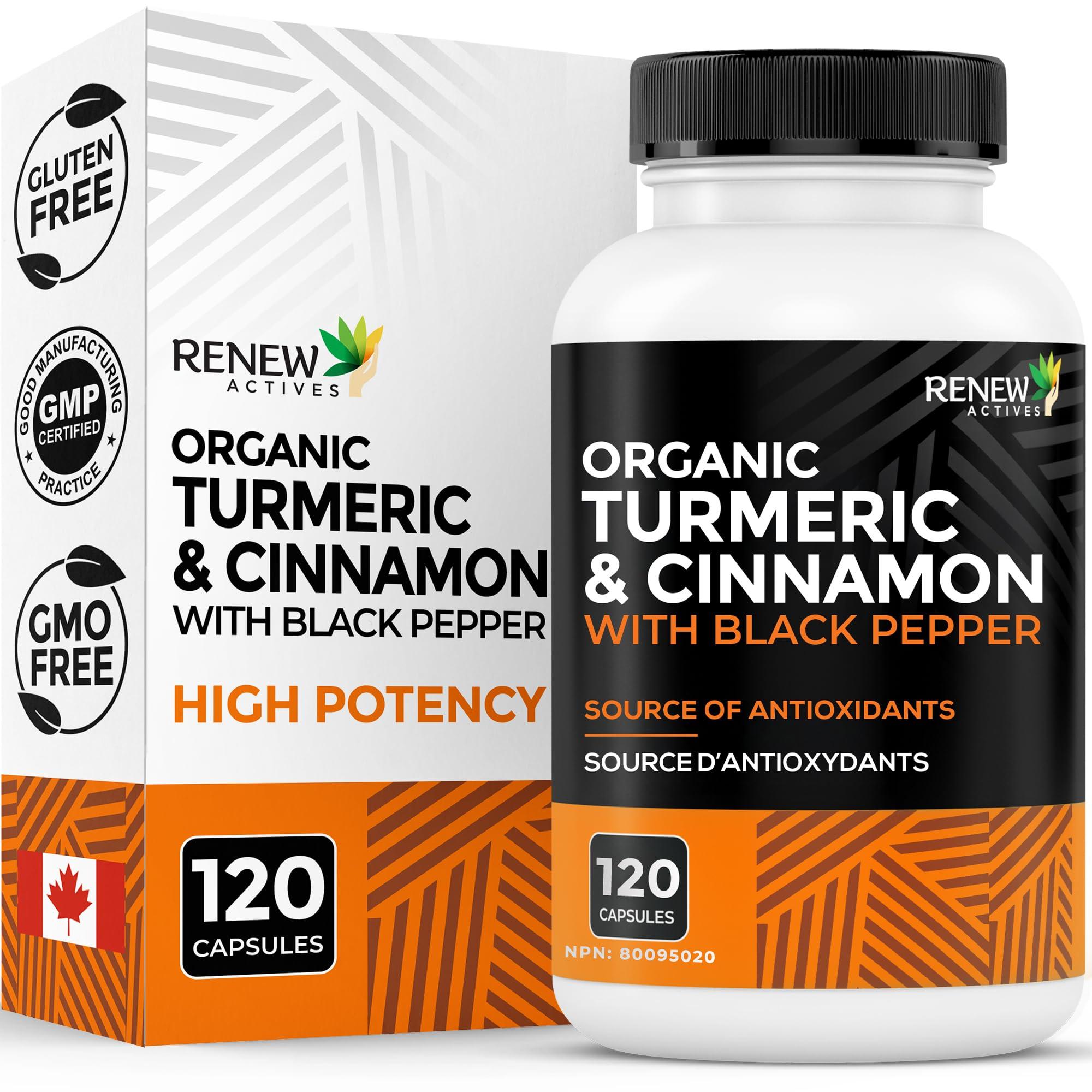 Renew Actives Renew Actives Organic Turmeric & Cinnamon Capsules - with Curcumin & BioPerine Black Pepper for Enhanced Absorption - Promotes Metabolism, Joint Health & Digestion - 120 Capsules