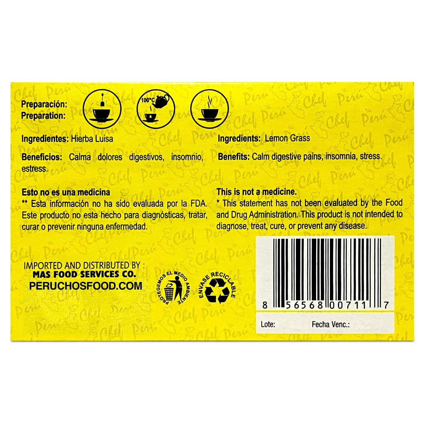 Peruchef Peruchef Te Hierba Luisa 20 Sobres Filtrantes | 20 Tea Bags of Lemon Grass from Peru 3 Pack