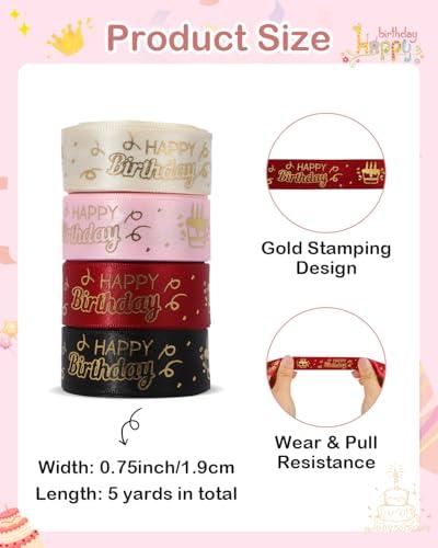 Pineraap Pineraap 4 Rolls 20 Yards Happy Birthday Ribbon, 0.75 Inch Birthday Ribbon for Flower Bouquet, Gift Wrapping, Birthday Party Decoration