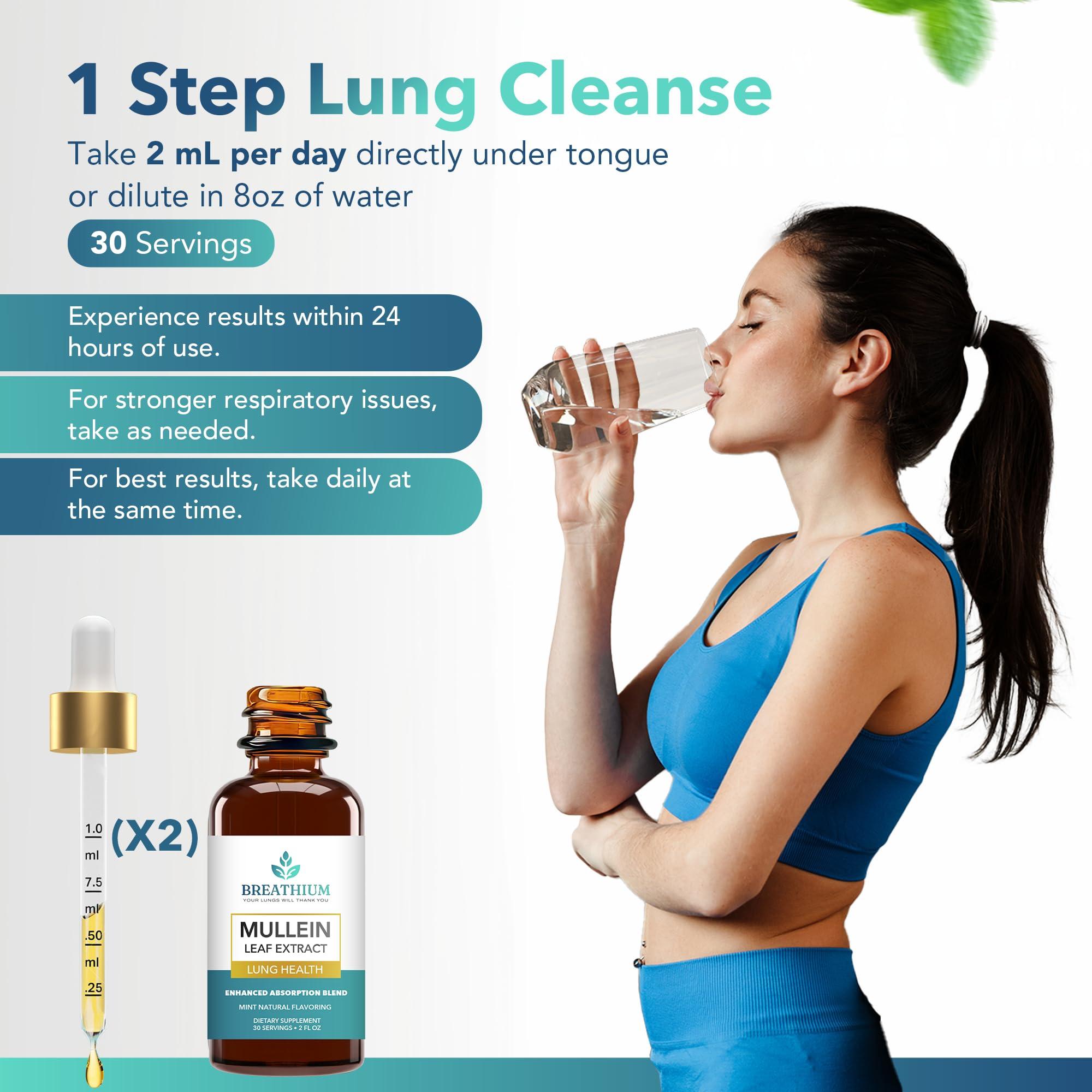 BREATHIUM BREATHIUM Organic Mullein Drops for Lungs  Rapid Mucus & Sore Throat Relief  Liposomal Mullein Leaf Extract Supplement for Healthy Breathing  Sunflower Lecithin, & Peppermint Tea  Made in USA