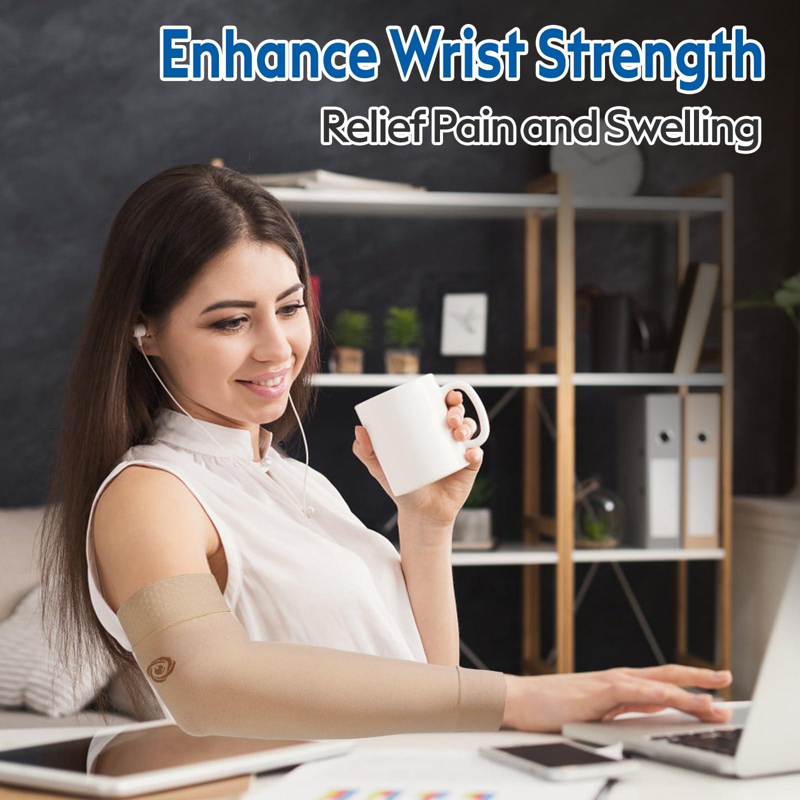 NURCOM NURCOM Medical Compression Arm Sleeve for Men Women, 2 Pack, No Silicone, Soft-In 20-30mmHg for Lymphedema, Lipedema, Pain Relief, Edema, Swelling, Post Surgery Recovery, Beige M