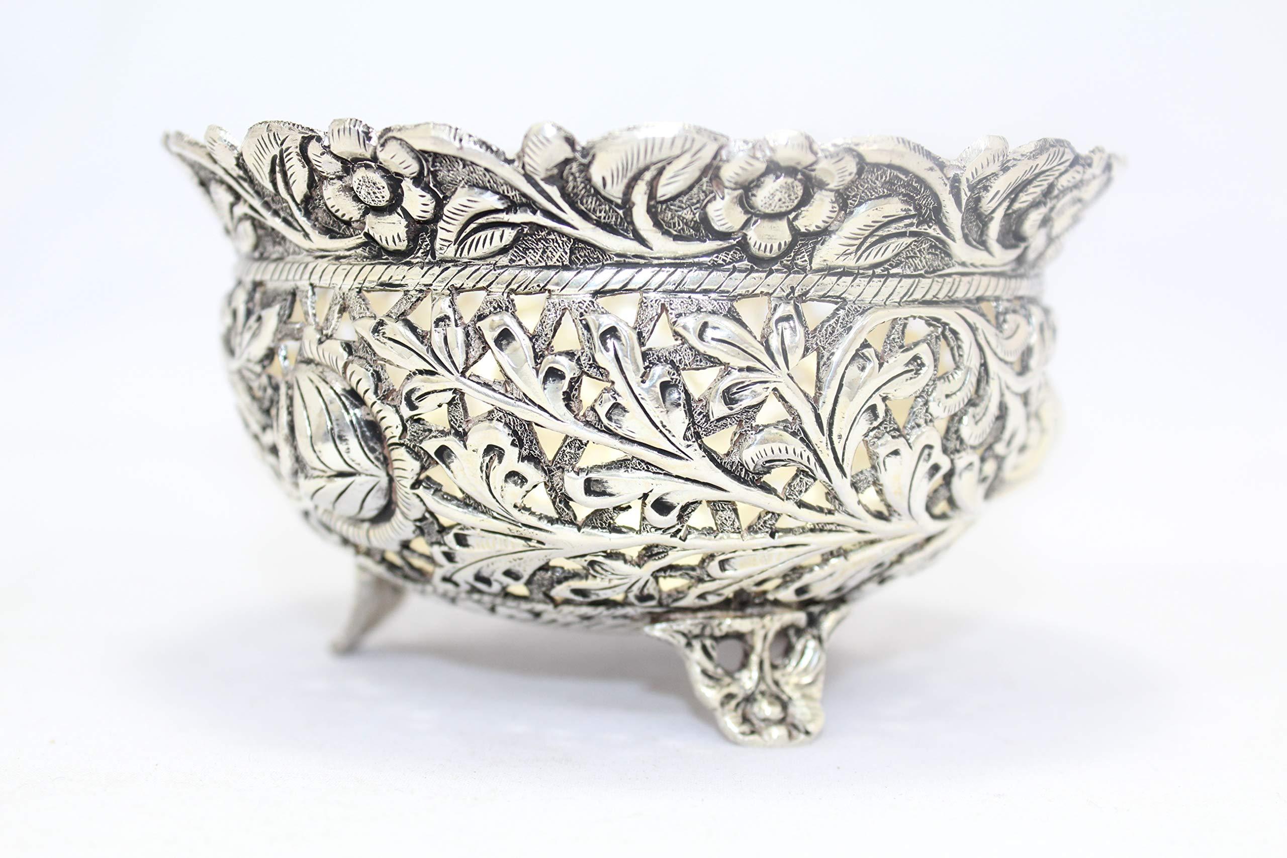 Rajasthan Gems Rajasthan Gems Handmade Dish Bowl Oxidized 925 Sterling Solid Silver India Hand Engraved F